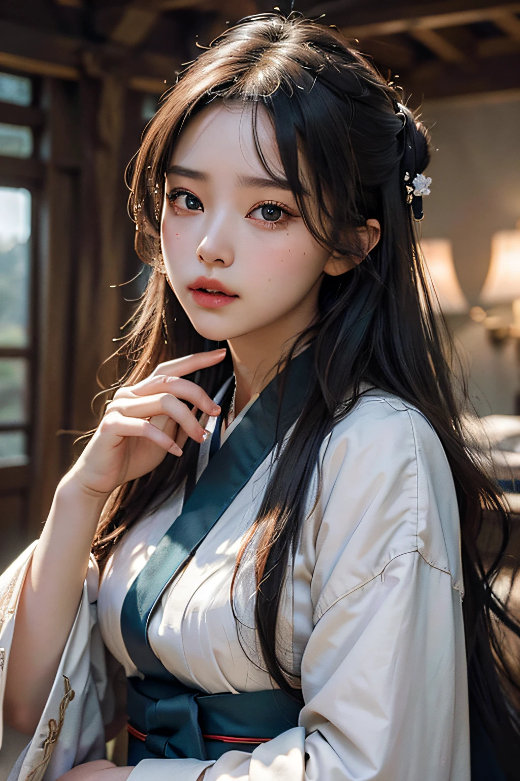(8k,RAWphoto,bestquality,masterpiece:1.3),bestquality,masterpiece,illustration,anextremelydelicateandbeautiful,extremelydetailed,CG,unity,8kwallpaper,Amazing,finelydetail,masterpiece,bestquality,officialart,extremelydetailedCGunity8kwallpaper,absurdres,incrediblyabsurdres,hugefilesize,ultra-detailed,highres,extremelydetailed,beautifuldetailed,extremelydetailedeyesandface,beautifuldetailedeyes,lightonface,(Hanfu:1.1),1girl...