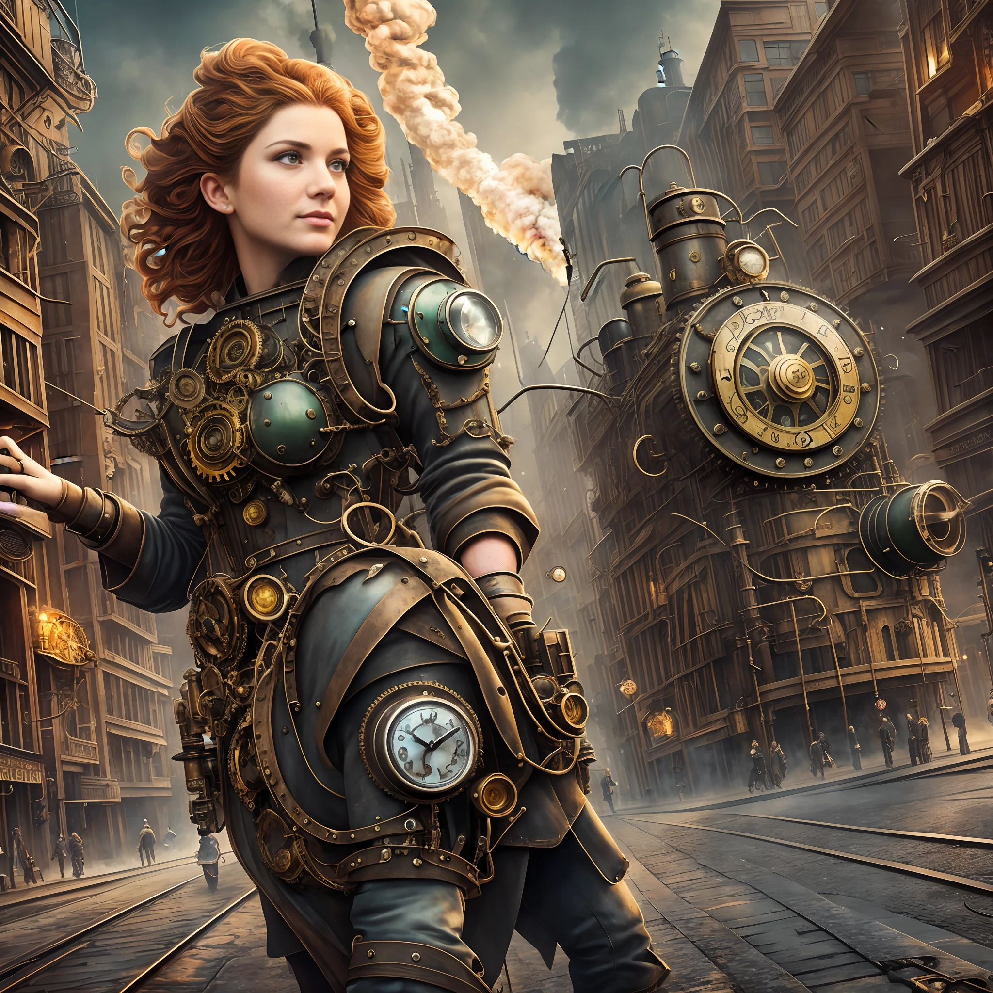 Street photography style image. A snapshot of a steampunk cityscape. Epic automobiles with steam engines on the street. Steam engine powered flying vehicles in the sky. A smiley beautiful 19-years-old caucasian girl in light gray steampunk costume walking down the street. very intricate steampunk accessary on the costume, perfect detailed face, detailed symmetric green eyes with circular iris, wavy ginger hair, wearing enormous mechanical wings in her back, overall theme is street photography in Industrial Steampunk City, cogs and gears, steamy background with lots of steam pipes and steam valves and pressure gauges and gears, realistic, stunning realistic photograph, 3d render, octane render, intricately detailed, cinematic, Isometric, Centered, hyperealistic cover photo, awesome full color, 12k, high definition, cinematic, portrait featured on unsplash, smooth, ultra high definition, 8k, ultra sharp focus, intricate artwork, masterpiece, ominous, epic, highly detailed, warm cinematic lighting, high contrast lighting, hyper photorealism, DSLR, Canon 5D, 8k resolution,
