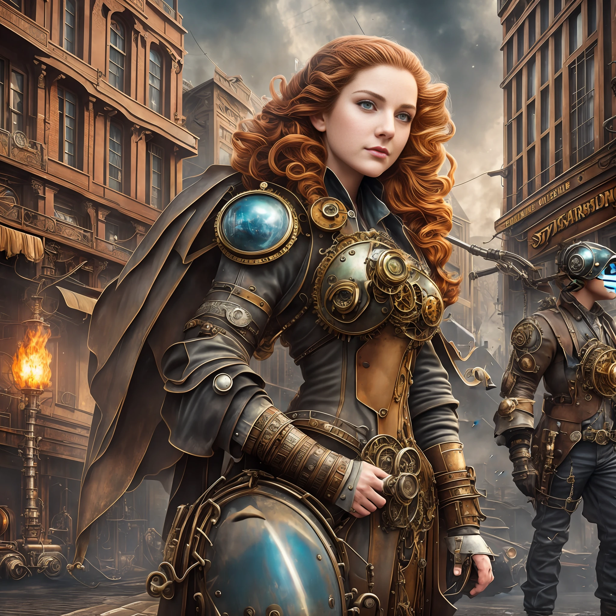 Street photography style image. A snapshot of a steampunk cityscape. Epic automobiles with steam engines on the street. Steam engine powered flying vehicles in the sky. A smiley beautiful 19-years-old caucasian girl in light gray steampunk costume walking down the street. very intricate steampunk accessary on the costume, perfect detailed face, detailed symmetric green eyes with circular iris, wavy ginger hair, wearing enormous mechanical wings in her back, overall theme is street photography in Industrial Steampunk City, cogs and gears, steamy background with lots of steam pipes and steam valves and pressure gauges and gears, realistic, stunning realistic photograph, 3d render, octane render, intricately detailed, cinematic, Isometric, Centered, hyperealistic cover photo, awesome full color, 12k, high definition, cinematic, portrait featured on unsplash, smooth, ultra high definition, 8k, ultra sharp focus, intricate artwork, masterpiece, ominous, epic, highly detailed, warm cinematic lighting, high contrast lighting, hyper photorealism, DSLR, Canon 5D, 8k resolution,