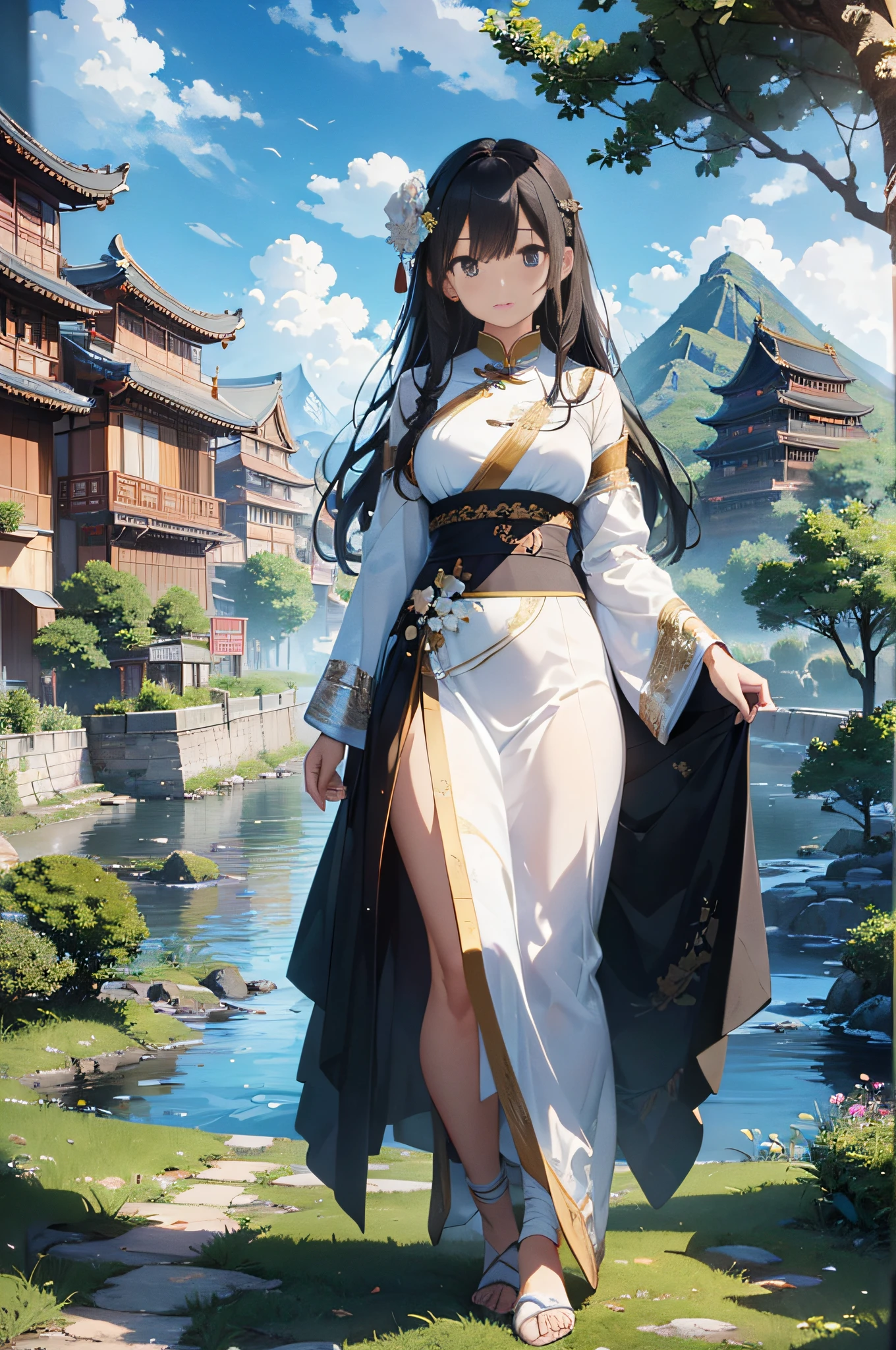 full body, hair ornaments, serene expression, exquisite facial features, perfect anatomy, Chinese buildings, mountains, white clouds, Nature, trees, clear blue transparent sky, outdoor, leaves, river, (forest), ((chinese style)), (best_quality:1.3), (((extremely clear))), (ultra_detailed:1.3), (detailed light), (masterpiece), (bloom), 8k