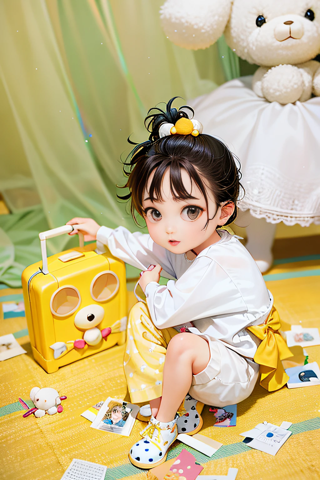 Disney princess style, with a baby sitting on the floor with suitcase and teddy bear, toy commercial photo, eeri, jia, ji-min, close-up portrait shoot, portrait image, cute: 2, with yellow cloth, young cute, shot on Canon EOS R 6, Jaeyeon Nam, yellow background, small child, cute cute, very cute and childish, black eyes, lower eyelashes are not too long