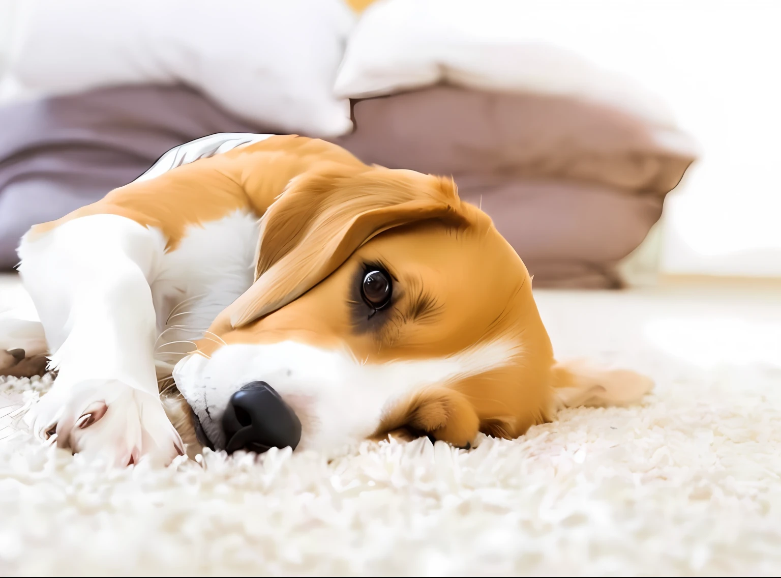 araffe dog laying on the floor with its head on the floor, cute beagle, a sad, dog sleeping, jack russel dog, looking tired, awww, sleepy, resting on a tough day, concerned, aww, cute dog, photo of a beautiful, pet animal, resting after a hard fight, oscar winning, jack russel terrier, peaceful