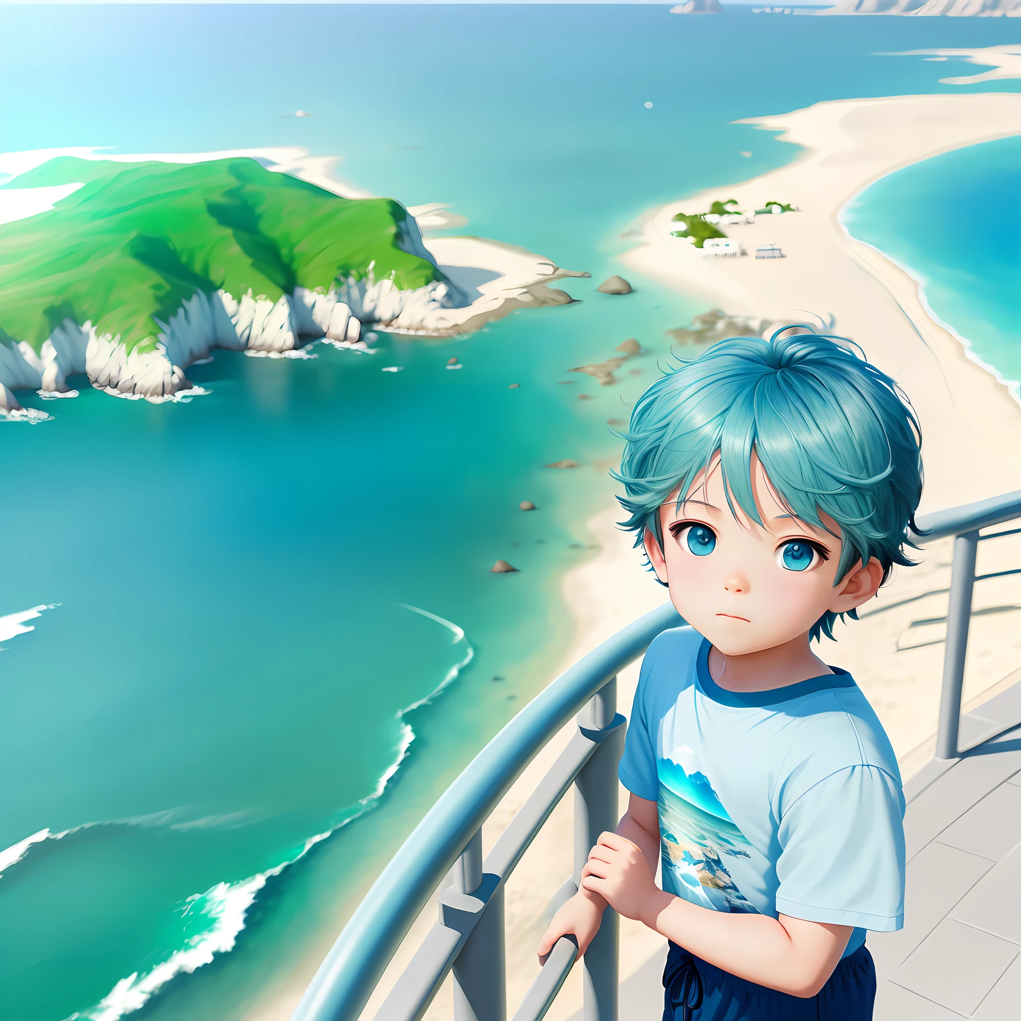 Boy,black hair, blue short sleeves, sea view, hand on handrail, granite floor, cyan sea, distant island, blue sky, realistic art style, anime style, optimized, 8K