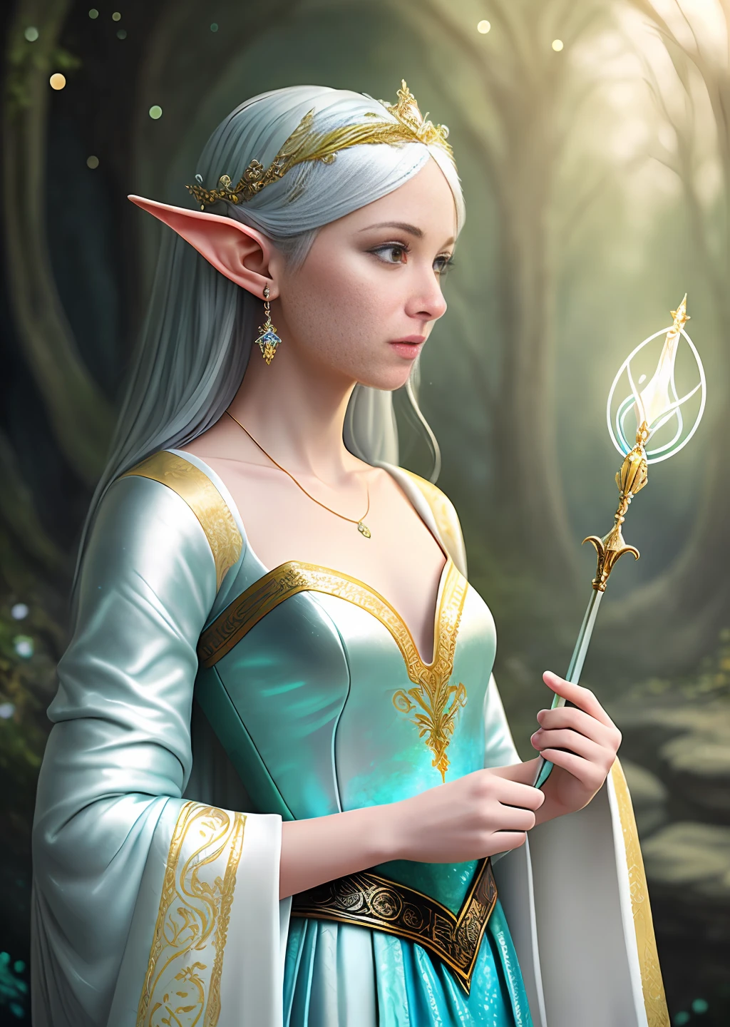 two girls,love gaze,,skinny,magical atmosphere,(intricately detailed, fine details, hyperdetailed), raytracing, subsurface scattering, (fantasy underworld journey on background), diffused soft lighting, shallow depth of field,sharp focus bokeh, (photo quality:1.4),portrait of a male elf with short silver hair, dressed in a flowing white magical robe, adorned with intricate silver embroidery, draped in a billowing white cape with gold trimmings, and holding an exquisite magic staff crafted from a rare crystal, emanating a soft blue glow,The elf's striking features are enhanced by his piercing blue eyes and delicate pointed ears, giving him an otherworldly charm,The portrait is skillfully rendered using digital painting techniques, creating a highly detailed and realistic depiction, perfect for concept art or illustration,This portrait captures the essence of the magical and mystical world of elves,