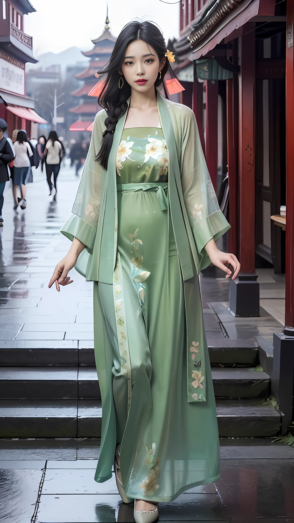 (Hanfu), (Floral print: 1.3), (pink transparent shirt), (green transparent print long dress), (long sleeves), 1 girl, doppelganger, (long hair: 1.1), (realistic: 1.7), (best quality)), ridiculous, (ultra high resolution), (realistic: 1.6), realistic, octane rendering, (hyperrealism: 1.2), (realistic face: 1.2), (8k), (4k), (masterpiece), (realistic skin texture), (illustration, movie lighting, wallpaper), (beautiful eyes: 1.2), ((perfect face))), (cute), (standing), (black hair), black eyes, red lips , outdoor, (Chinese architecture),