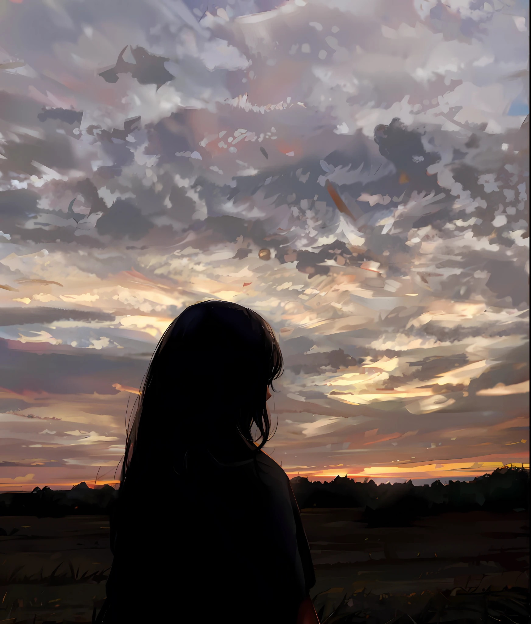 araffe silhouette of a woman standing in a field at sunset, sunset and big clouds behind her, with sunset, looking at sunset, during a sunset, girl watching sunset, at a beautiful sunset, during sunset, with a sunset, looking at the sky, silhouette over sunset, looking out at a sunset, looking off into the sunset, looking to the sky
