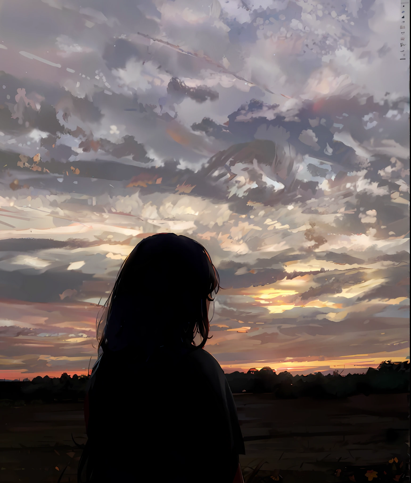 araffe silhouette of a woman standing in a field at sunset, sunset and big clouds behind her, with sunset, looking at sunset, during a sunset, girl watching sunset, at a beautiful sunset, during sunset, with a sunset, looking at the sky, silhouette over sunset, looking out at a sunset, looking off into the sunset, looking to the sky