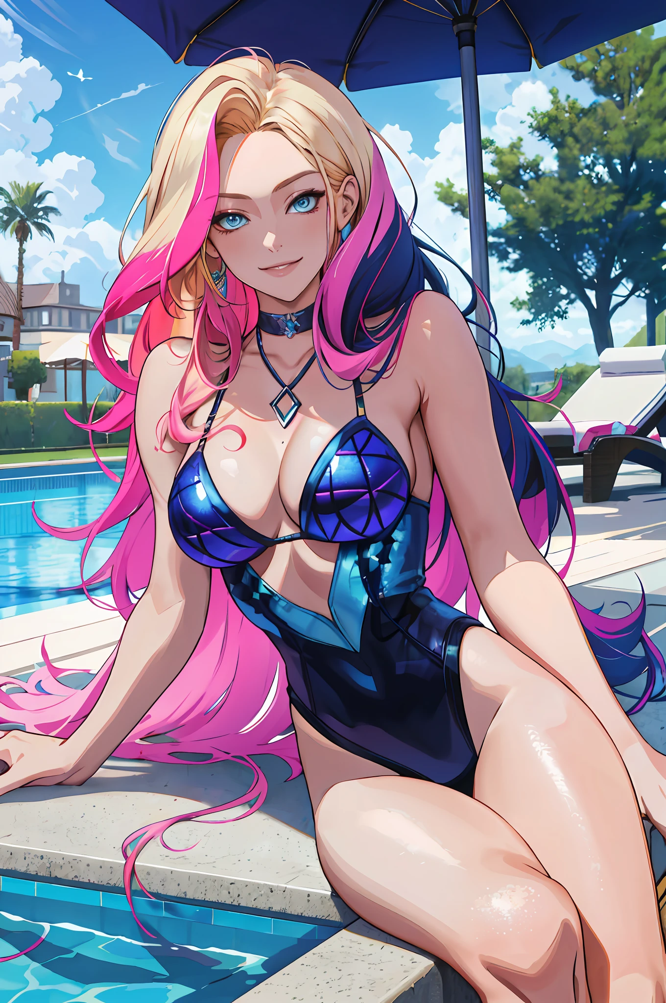 masterpiece, best quality, highres, ahri1, 1girl, solo, blonde hair, k/da \(league of legends\), long hair, multicolored hair, open hair, blue eyes, two-tone hair, large breasts, poolside, micro bikini, smile, sitting,