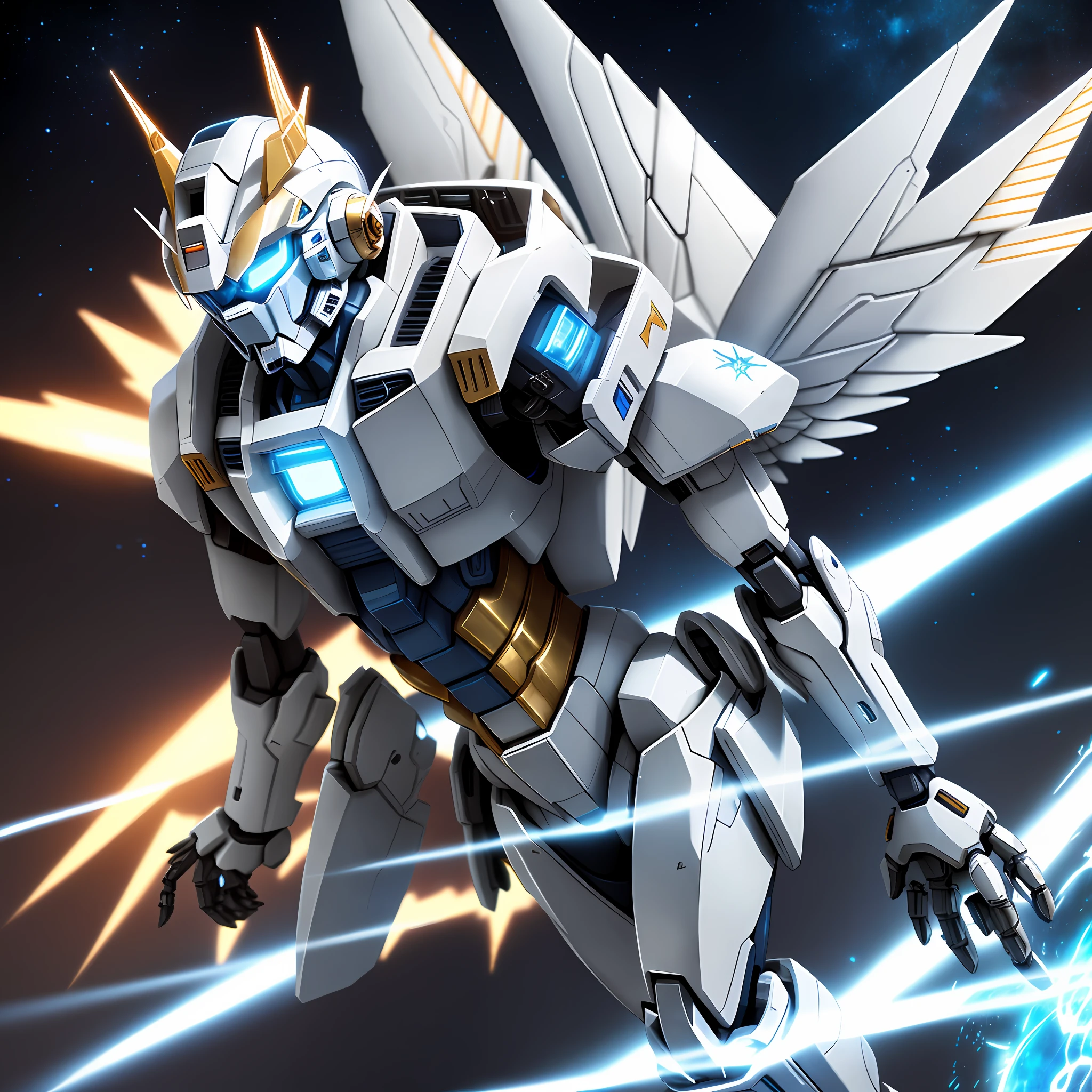 Gundam robot, white blue body, gorgeous rich details, gold enamel detailing, mechanical wings, cannon, planet Cybertron background, full body portrait, photography, pentagram helmet, blue flame, Unreal Engine, Doomsday wasteland