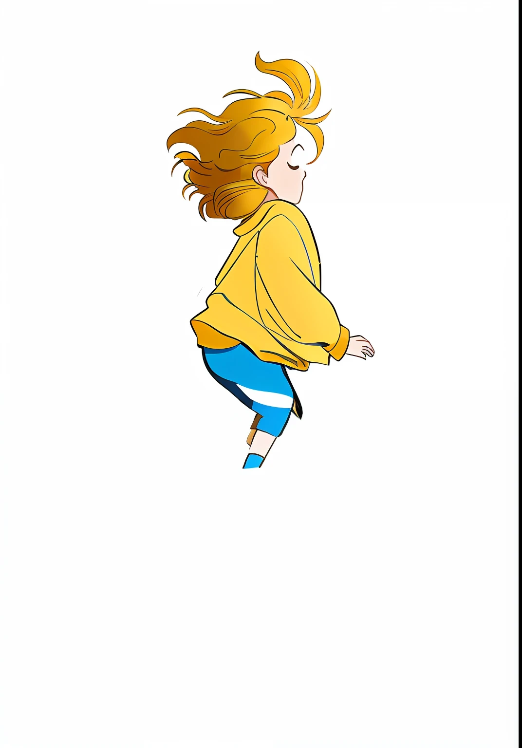 Cartoon of a long-haired girl in a yellow shirt and blue pants, anime girl running, girl in mother's arms, blonde hair blowing wind, snuggling pose, wind floating hair!!, wind blowing and hair flowing, dancing character, rotating mirror, gentle clinging, wearing blue and yellow clothes, color illustration, wind blowing hair