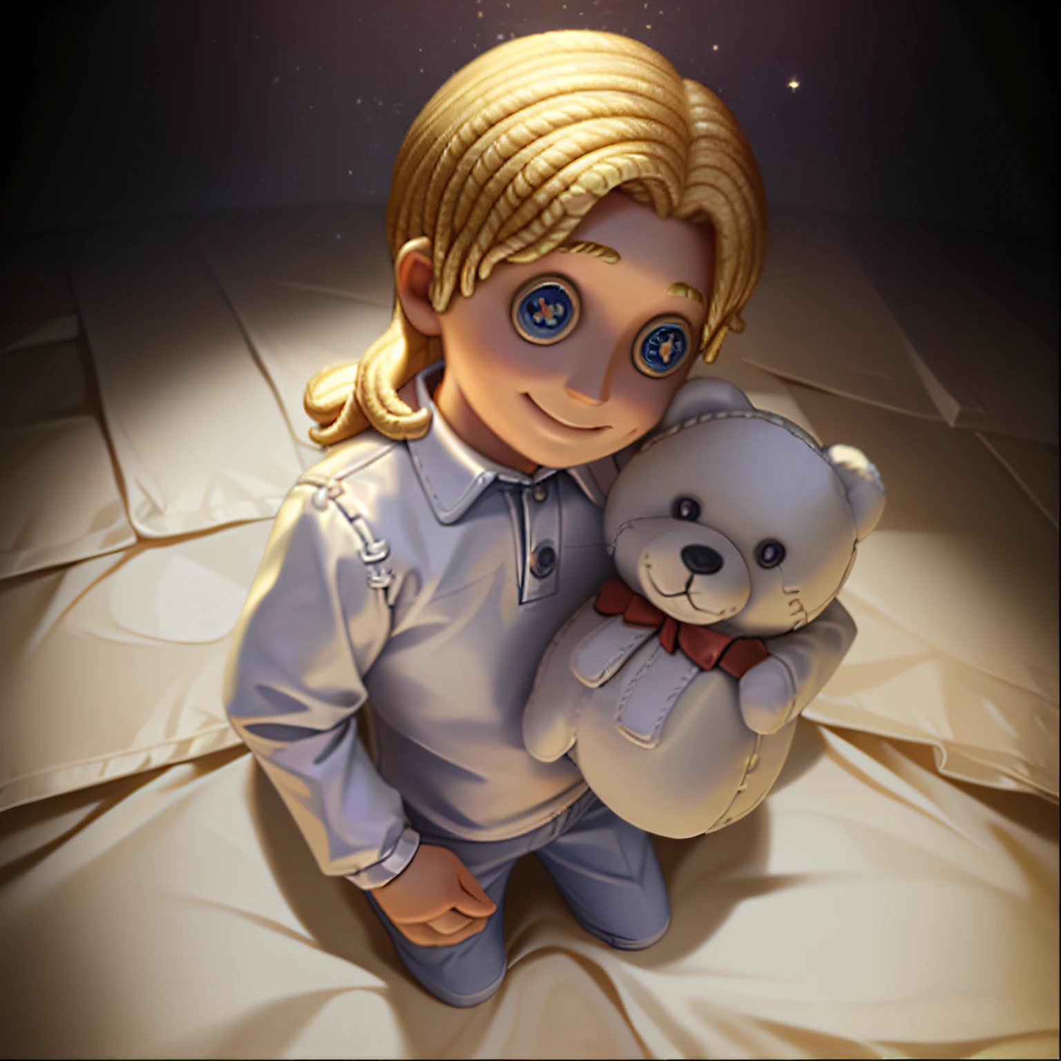 masterpiece, high quality, little boy, white clothes, holding stuffed animal, blonde, facing forward, looking at camera, full body, center of the screen, (smile: 0.7)