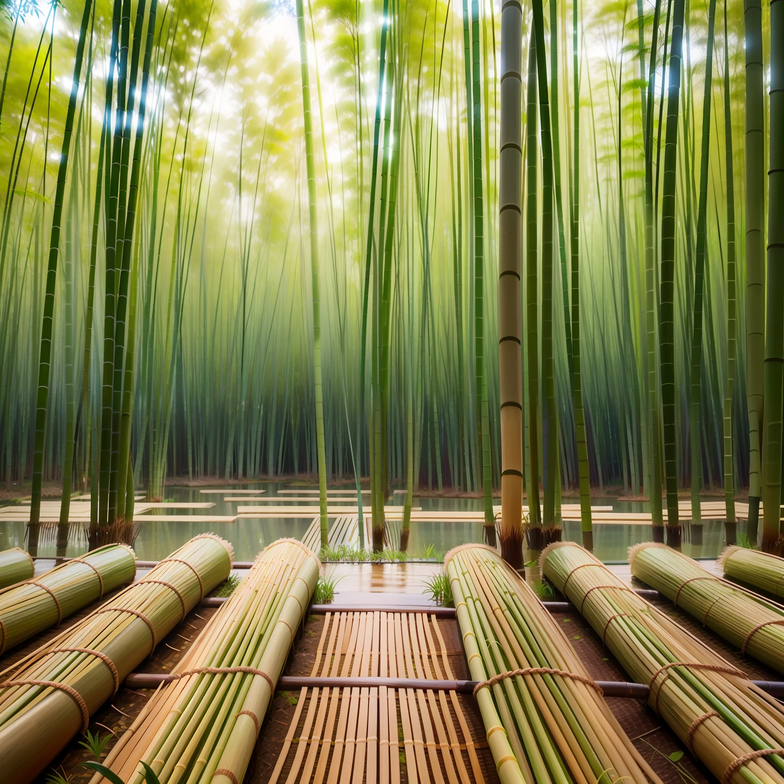 bamboo poles are lined up in a bamboo forest with a pond, deep in a japanese bamboo forest, misty japanese bamboo forest, bamboo forest, in a bamboo forest, bamboo forest in the background, of bamboo, bamboo, japan nature, walking in a bamboo forest, japan lush forest, made of bamboo, a green gold forest in japan, japan deeper travel exploration