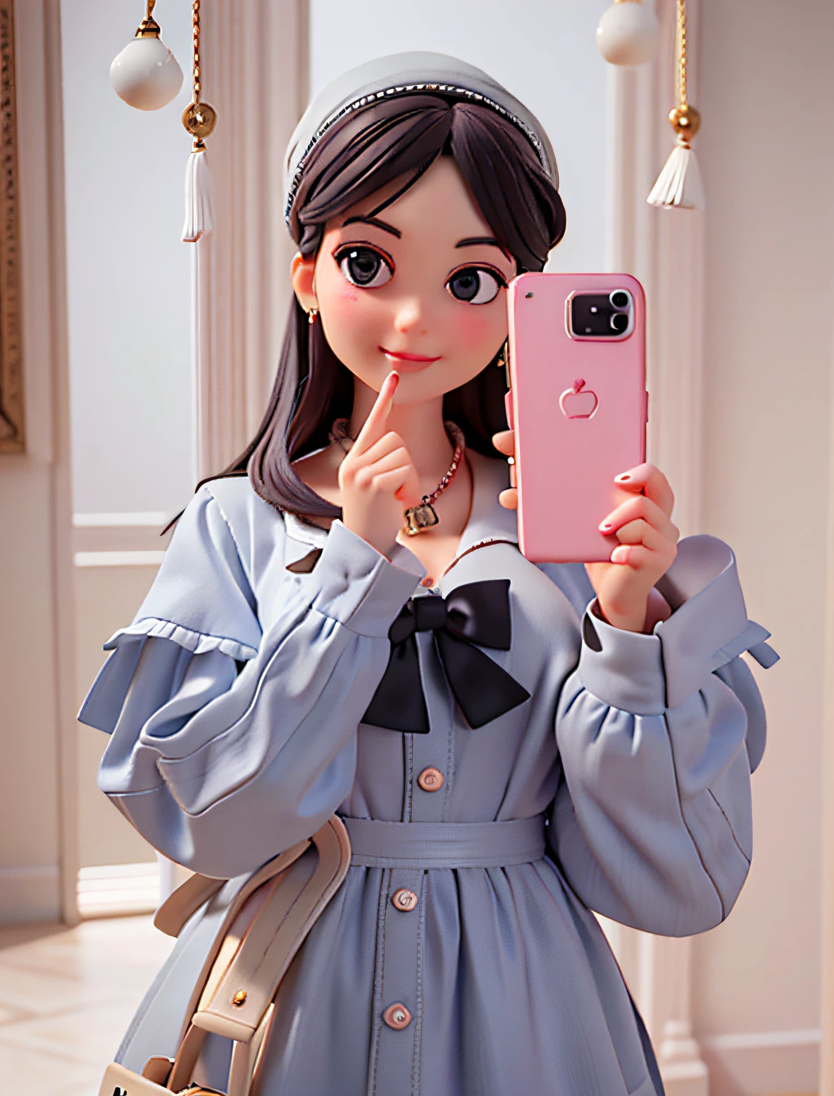 Black berets, gray dress, white lapels, bow, love buttons, cute girl, preppy style, high quality, masterpiece, beauty, selfie with mobile phone in right hand to mirror, in the room, smiling, lively, left hand covering mouth, black hair, big eyes, bow on chest, high resolution, clear, cute, warm, delicate details and textures, very detailed, ultra-detailed photos, warm lights, artstation, 4k, clear focus, high resolution, detailed skin, detailed eyes, 8k UHD, DSLR, low light, high quality,