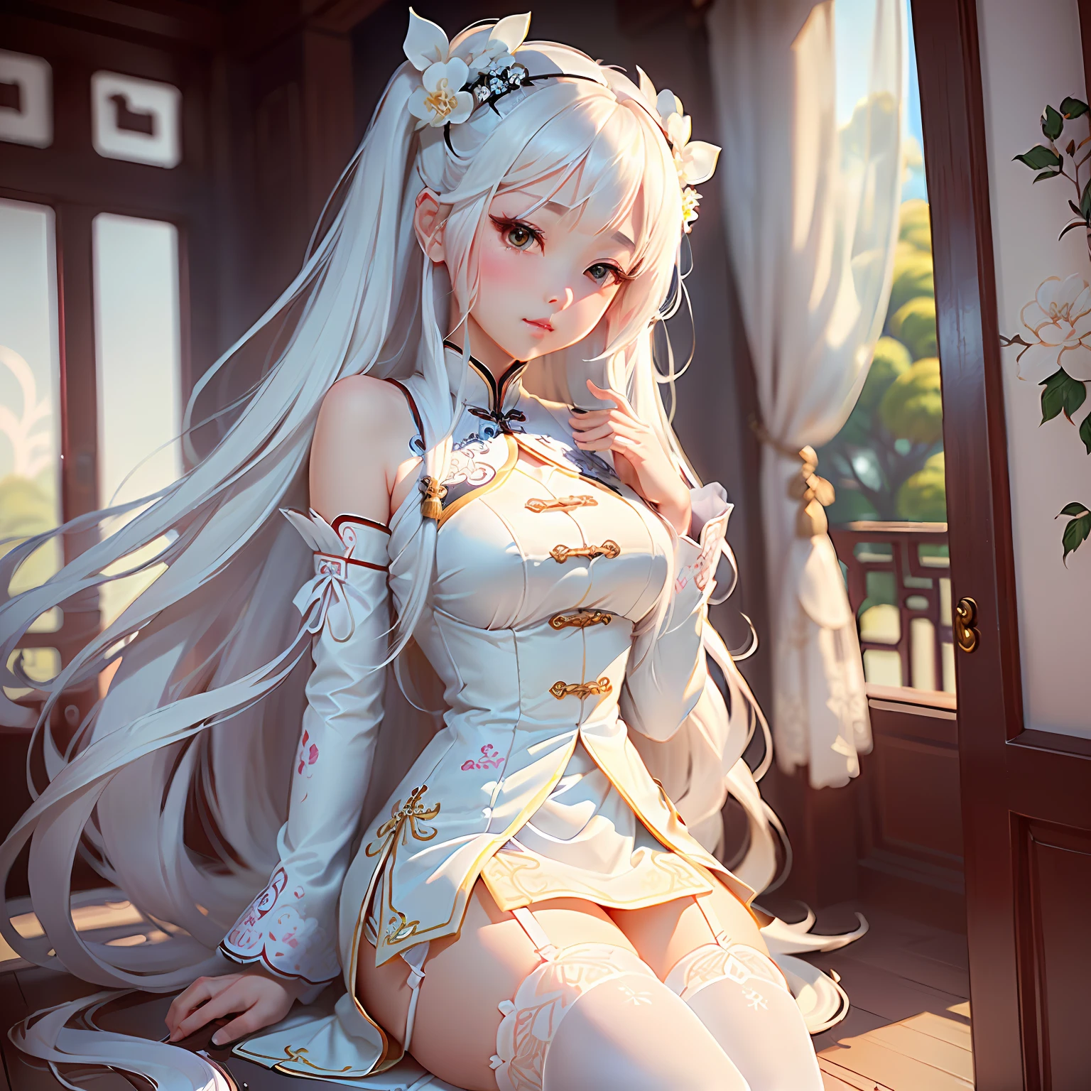 A girl, 8K, exquisite, naughty, cute, pretty, long white hair, (chinoiserie, super detailed, (animation style), wearing white stockings, miniskirt