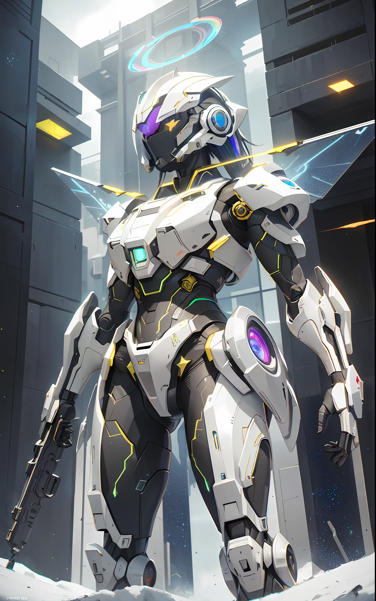 masterpiece, best quality, dramatic angle, ( Holographic, Rainbow, Opal, Vibrant Colors, Colorful), (Halo, Halos, Glowing Eyes, Gradient_Eyes, Glowing Aura, Glowing Energy, Glowing Digital Markings, Glowing Cyber Markings), (professional award-winning cinematic masterpiece), best quality, Symmetrical, Futuristic, sci-fi, aerodynamic,
Armored Core, Ammo Belt, Laser, Laser weapon, sleek and slender,
floating parts, city_lights, galaxy, giant, glowing, night, night_sky, planet, sky, snow, snowing, space, star_\(sky\), starry_sky, wings, fire, darkness, ((non-humanoid robot)), weapon, gun, cannon, military, mechanical parts, (Cyberpunk:1.3), (Luminescent particle:1.5), ,high saturation,low brightness,
Crystal Metal, neon panels,
black metal, red metal, with blue metal metallic accents
