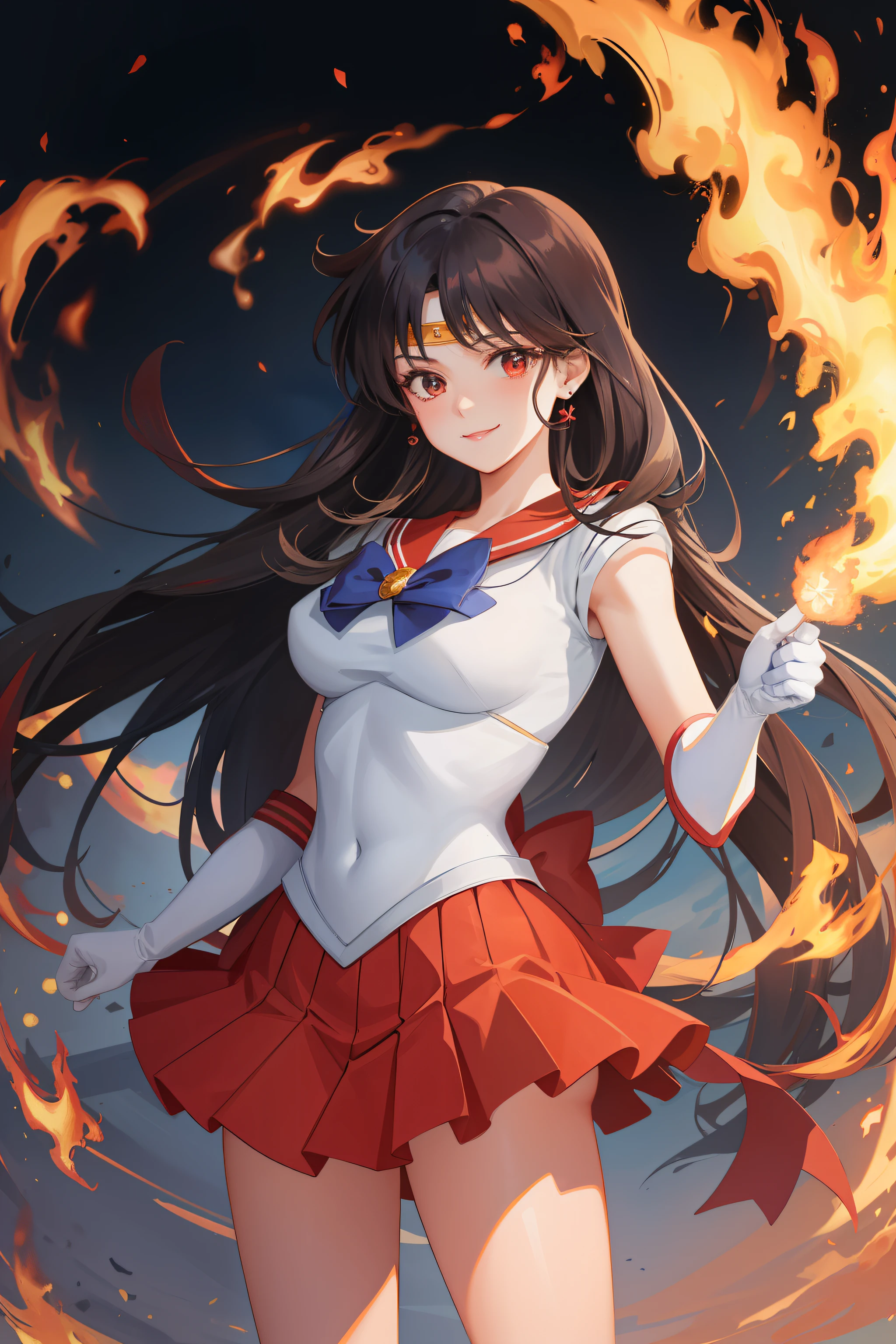 masterpiece, best quality, absurdres, perfect antomy, 1girl, solo, SMMars, very long hair, parted bangs, sailor senshi uniform, red sailor collar, red skirt, elbow gloves, standing, cowboy shot, smile, cartoon flames in background, stylized background
