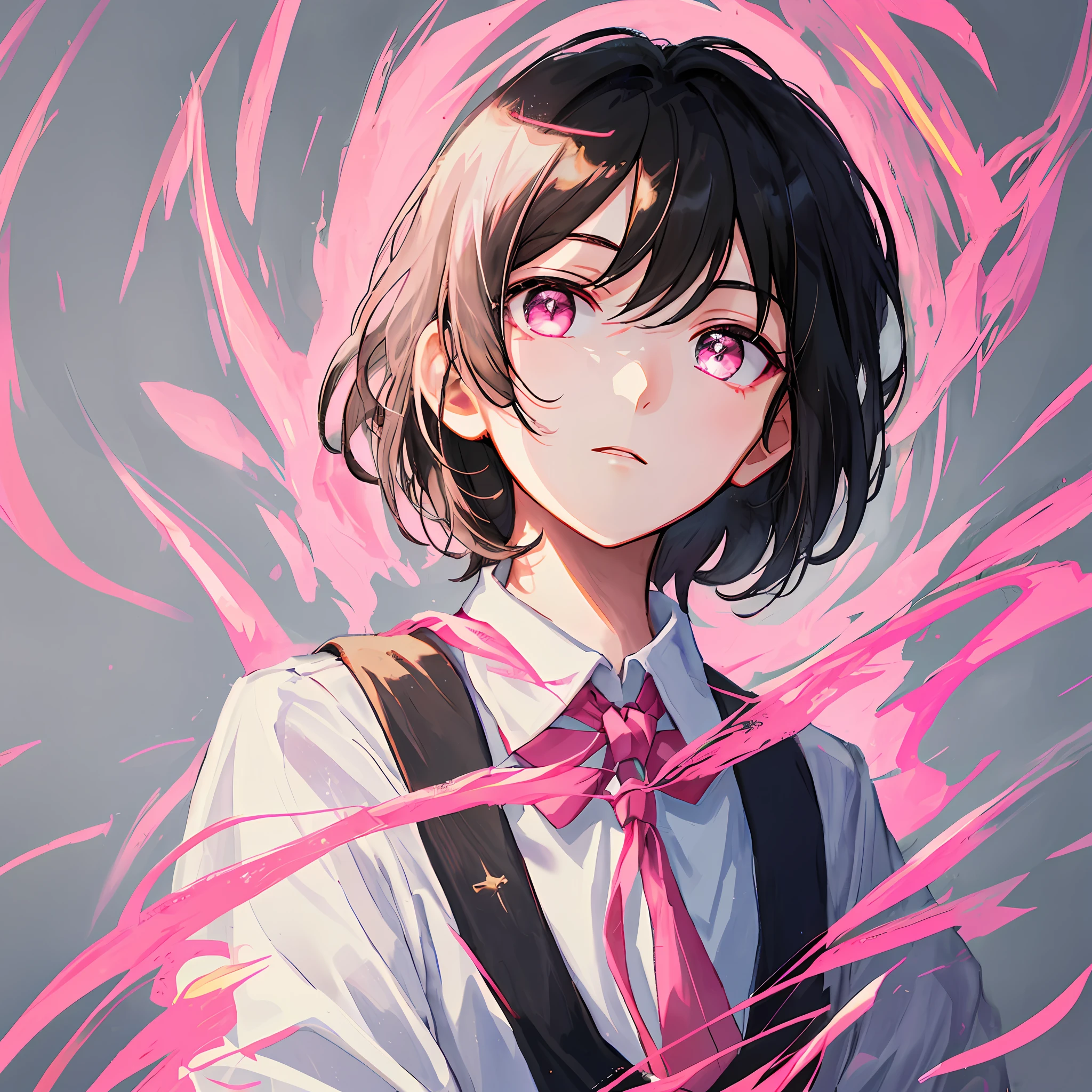 masterpiece, exquisite, ultra-precise, illustration, portrait, one boy, black hair, pink eyes, short hair, school uniform,