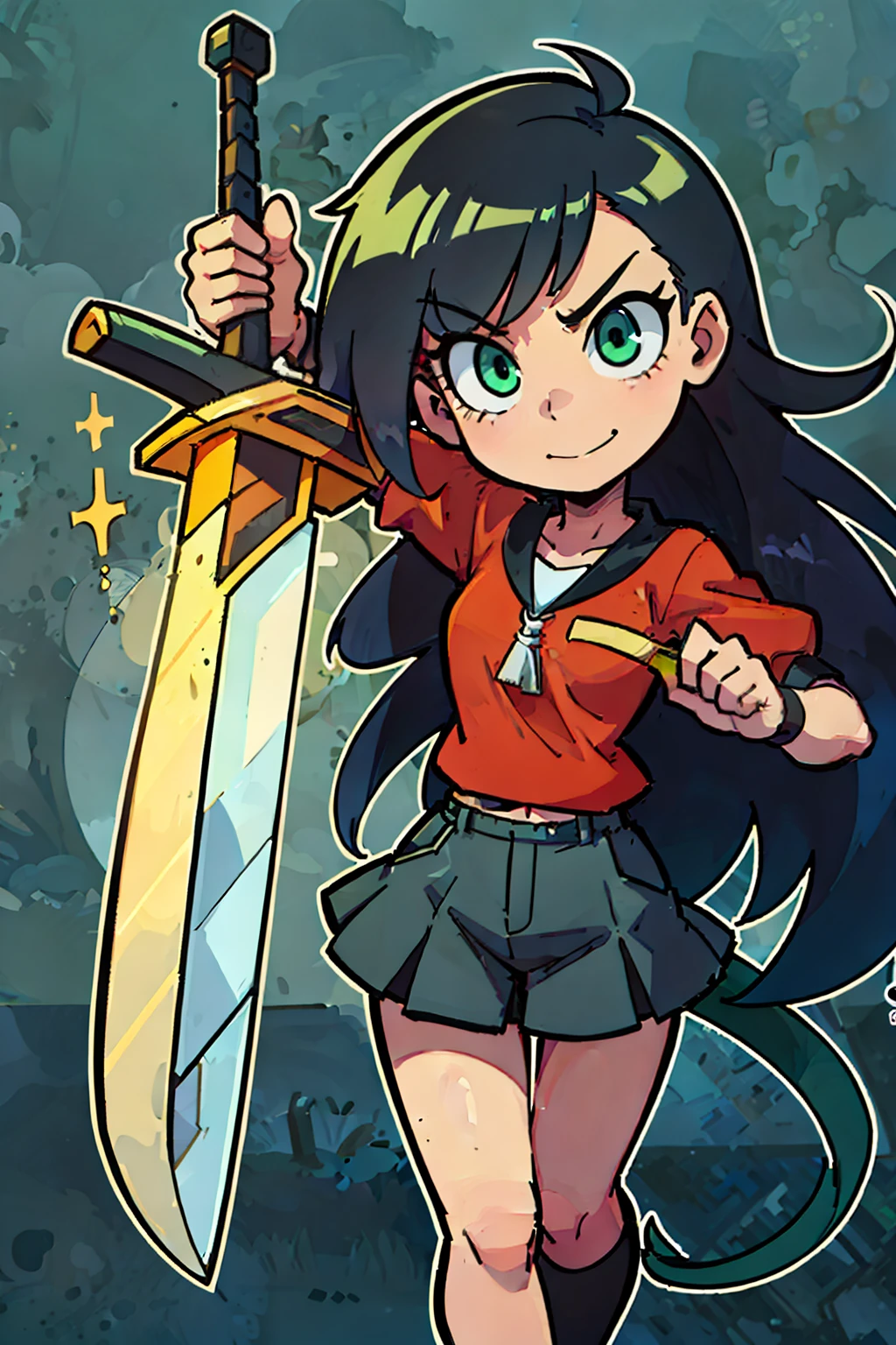 masterpiece, high quality, (anime), best quality, 1girl, very detailed eyes and face, very detailed background, loose black and red shirt, dynamic pose, dynamic light, full body, horsetail hair and yellow and dark green, background: rainbow, (sword in right hand)