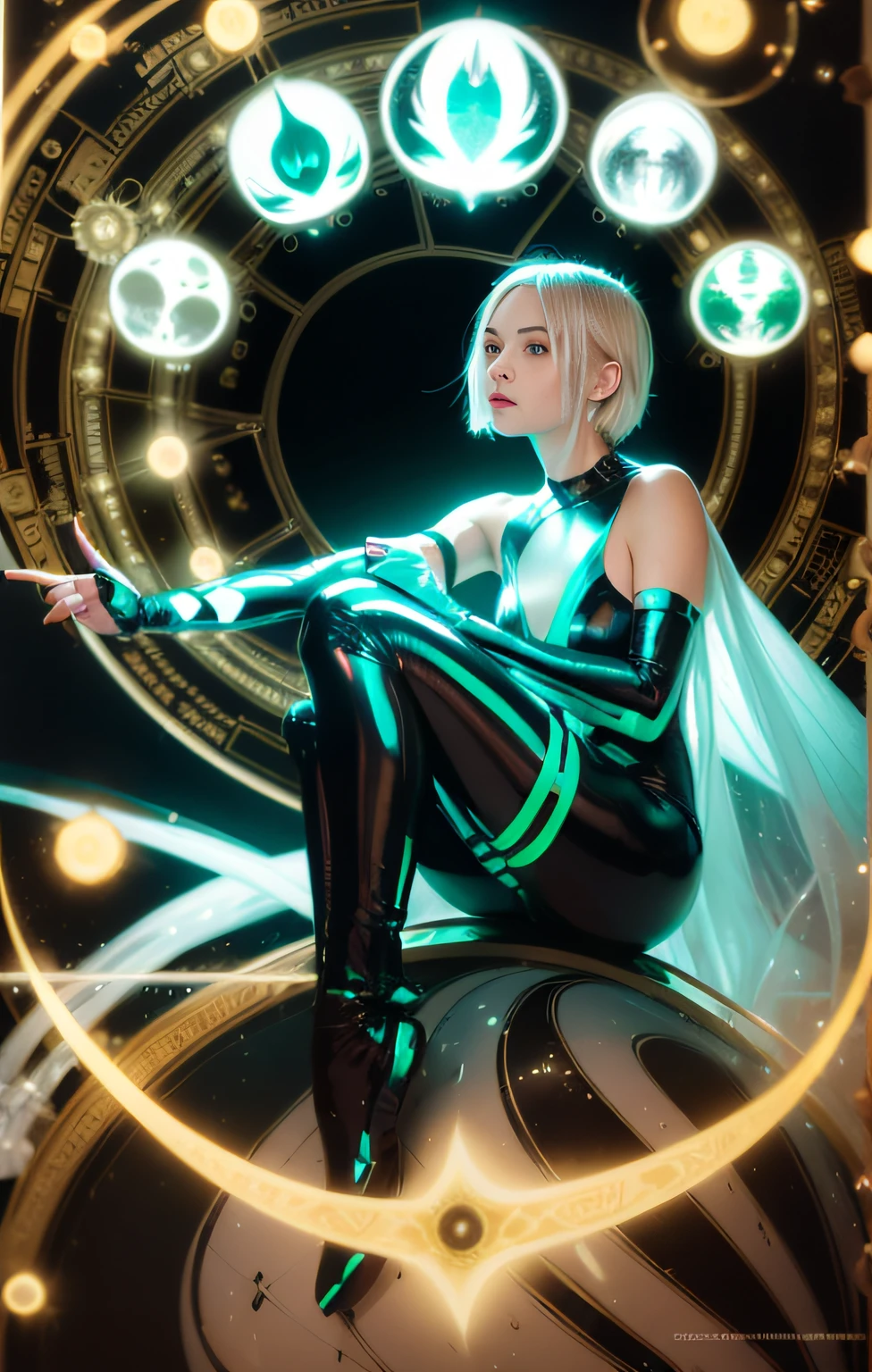 1 girl, beautiful face:1.5, white and black trackwear, patent leather leggings, translucent tulle cape, design sense, draped hair, blonde modern short bob hairstyle, full body, beautiful body structure cover, ultra-detailed painting, metallic texture, fine texture, concept art portrait of Greg Rutkowski, Artgerm, WLOP, Alphonse Mucha, small fusion pohaty reality, fractal isometric details bioluminescence: stunning realistic photos, shiny costumes, Complete and proportioned hand pose: 1.2, correct fingers: 1.2, ((ultra-detailed))), ((best quality))), ((masterpiece))), high resolution, 8k, anatomically correct, ultra high-definition --s 2