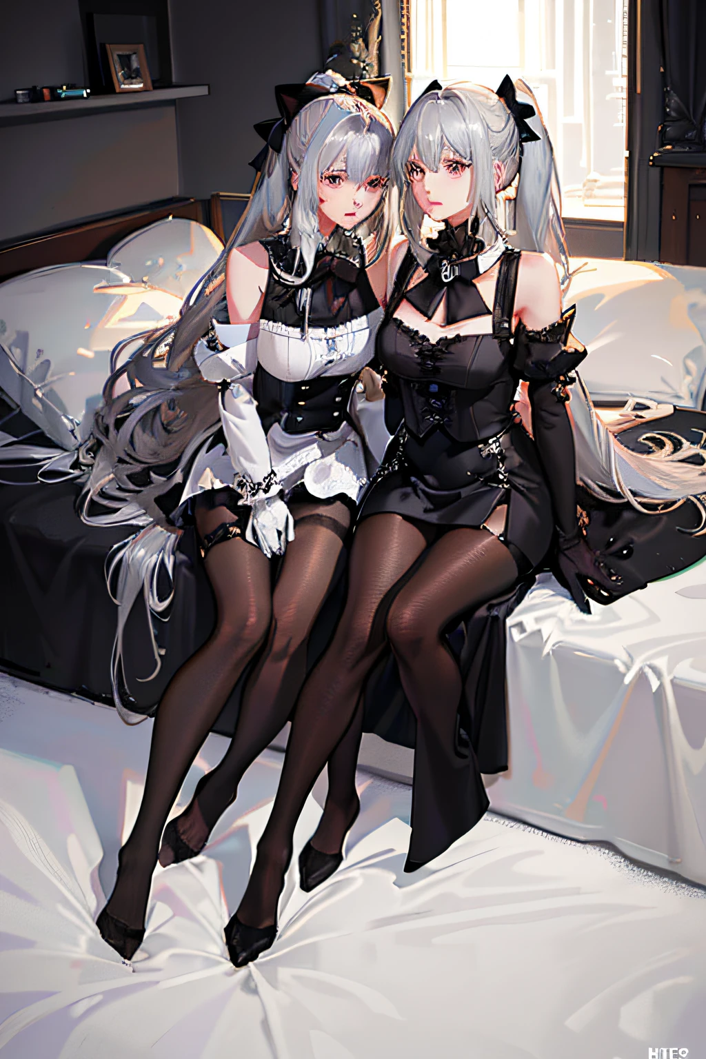 (((2 girls)), ray tracing, (dim light), [detailedbackground (bedroom))), ((silver hair))), ((silver hair)), ((((((girl with shaggy silver hair, plump and slim)) with a high ponytail))) avoid their golden eyes in the ominous bedroom (((the girls wear intricate embroidered black high-waisted pants with pantyhose and white ruffled bow gloves)) , because the girls sit together and touch each other very closely to show off their delicate slim figure and beautiful curves, correct limbs