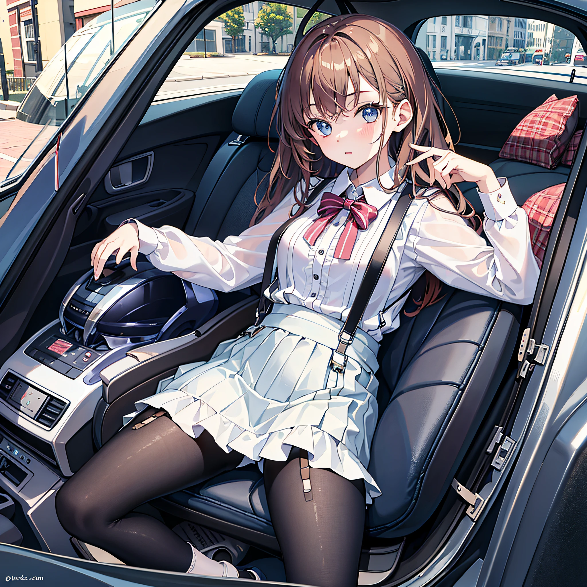 (best quality, masterpiece), 1girl, car seat, suspenders, blouse, (Cute:0.5)