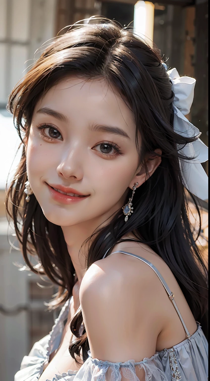 1girl, offshoulder, light smile, shiny skin
best quality, masterpiece, (photorealistic:1.4)