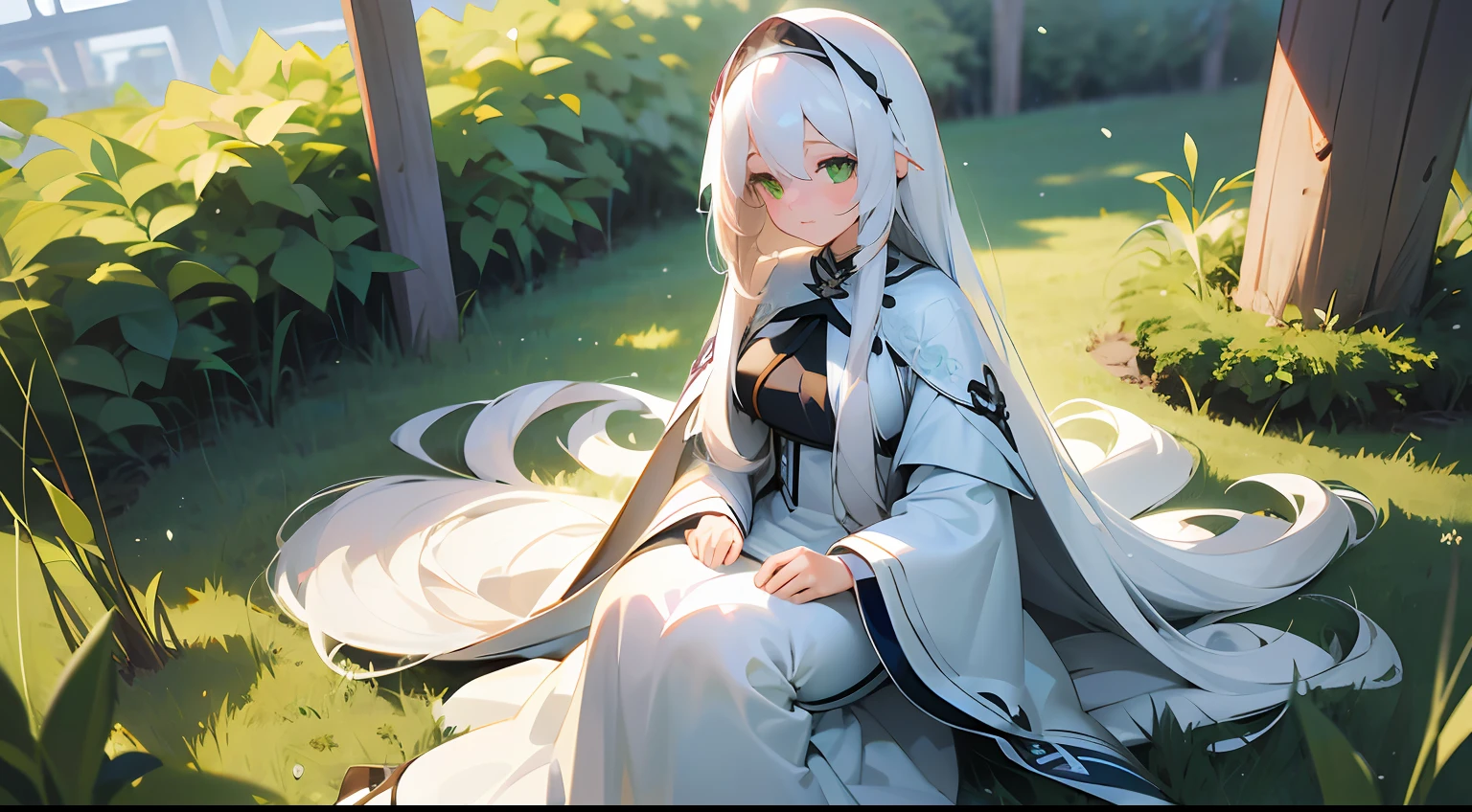 (Masterpiece, Sidelight, Fine Beautiful Eyes: 1.2), Masterpiece*Portrait, Real, 3D Face, Anime girl with white hair and green eyes sitting in the grass, white hair god, white hair girl, beautiful avatar photo, long white hair, white long hair, long hair anime girl, white hair, flowing white hair, perfect white hair girl, long hair blonde anime girl, white hair woman, Long flowing white hair, white long hair!! 。 Gentle smile