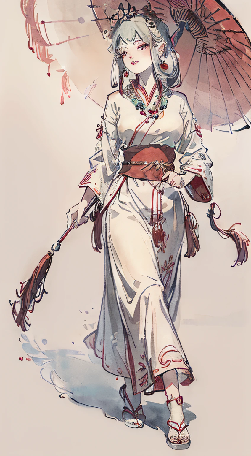 ((light makeup + plain makeup: 1.1), (jade necklace + embroidered shoes: 0.95), (hair accessories + beads: 1.05), red lips, smart smile, flowing clothes, elegant and dignified, wearing Hanfu, holding Mongolian silver carved umbrellas, ancient atmosphere, paradise, walking towards the distance, leaves falling, mist)