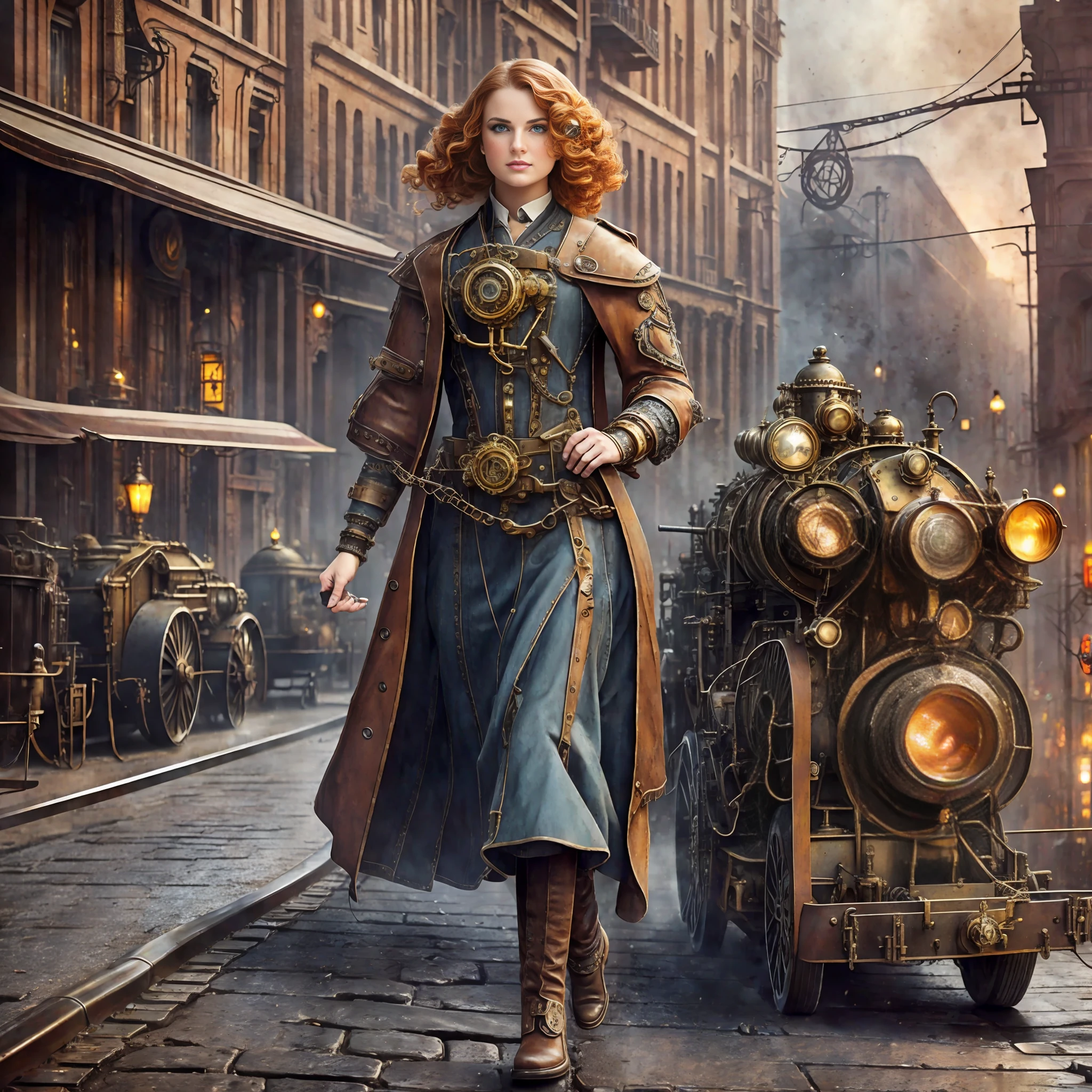 Street photography style image. A snapshot of a steampunk cityscape. Epic automobiles with steam engines on the street. Steam engine powered flying vehicles in the sky. A smiley beautiful 19-years-old caucasian girl in light gray steampunk costume walking down the street. very intricate steampunk accessary on the costume, perfect detailed face, detailed symmetric green eyes with circular iris, wavy ginger hair, wearing enormous mechanical wings in her back, overall theme is street photography in Industrial Steampunk City, cogs and gears, steamy background with lots of steam pipes and steam valves and pressure gauges and gears, realistic, stunning realistic photograph, 3d render, octane render, intricately detailed, cinematic, Isometric, Centered, hyperealistic cover photo, awesome full color, 12k, high definition, cinematic, portrait featured on unsplash, smooth, ultra high definition, 8k, ultra sharp focus, intricate artwork, masterpiece, ominous, epic, highly detailed, warm cinematic lighting, high contrast lighting, hyper photorealism, DSLR, Canon 5D, 8k resolution,