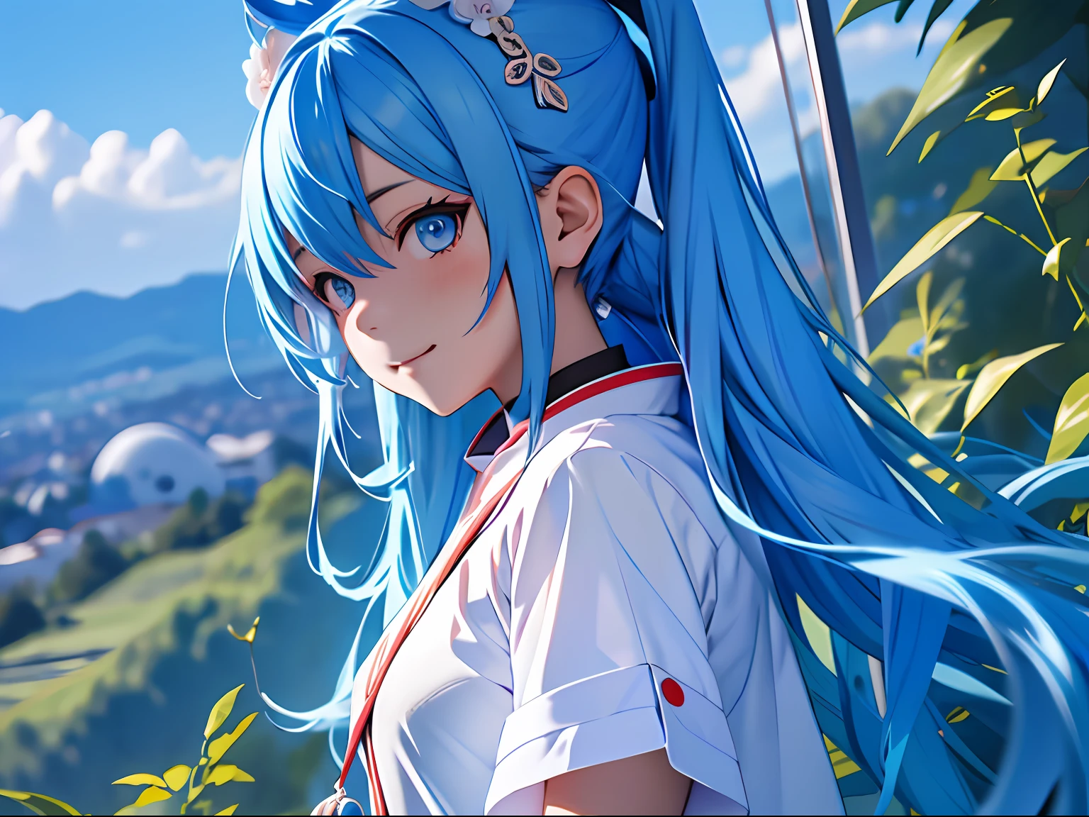 杰作, best quality, absurdres, , 1girl, Hoshimachi Suisei, , blue hair, blue eyes, happy