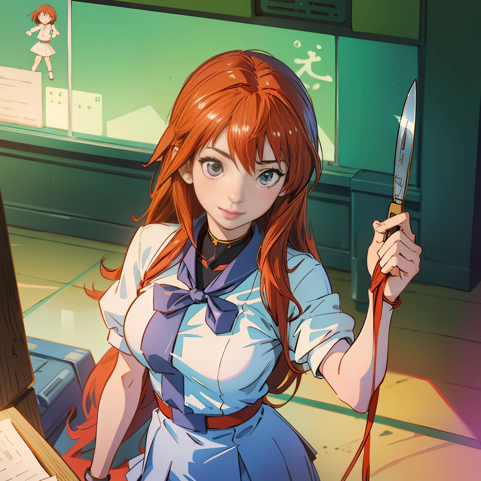 anime girl in a red and white uniform is holding a knife, oppai, teasing smile, a hyperrealistic schoolgirl, asuka suit under clothes!, sakimi chan, realistic schoolgirl, touching her clothes, hyperrealistic schoolgirl, ecchi anime style, ecchi style, nishimiya shouko, seductive anime girl, ecchi, kantai collection style --auto --s2