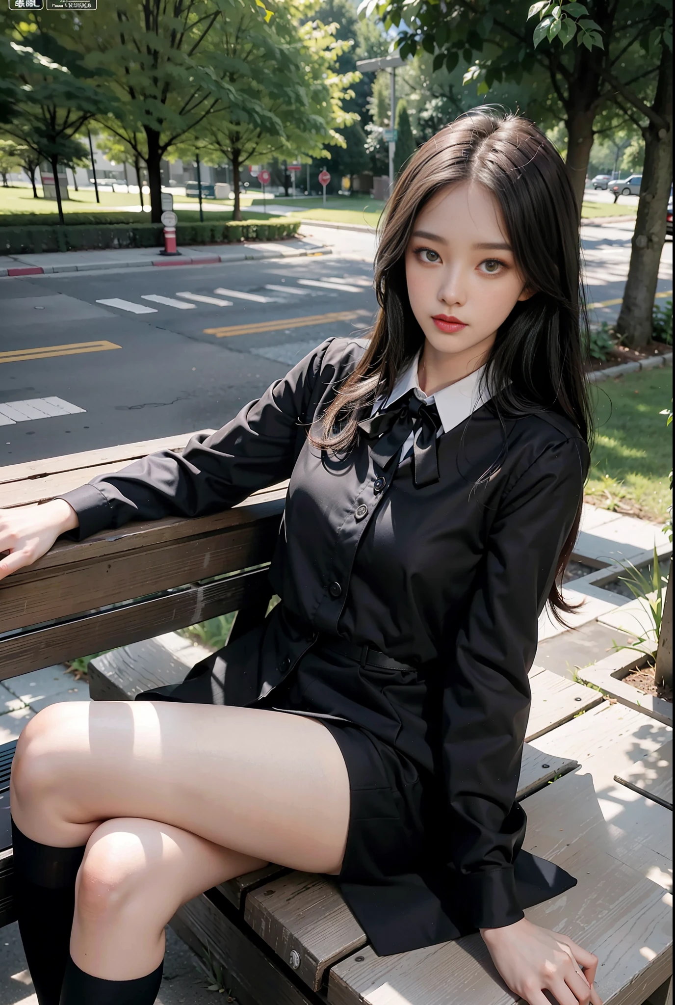 Best quality, full body portrait, delicate face, pretty face, 25 year old woman, slim figure, small bust, OL uniform, office clothes, black stockings, outdoor scene, sitting position