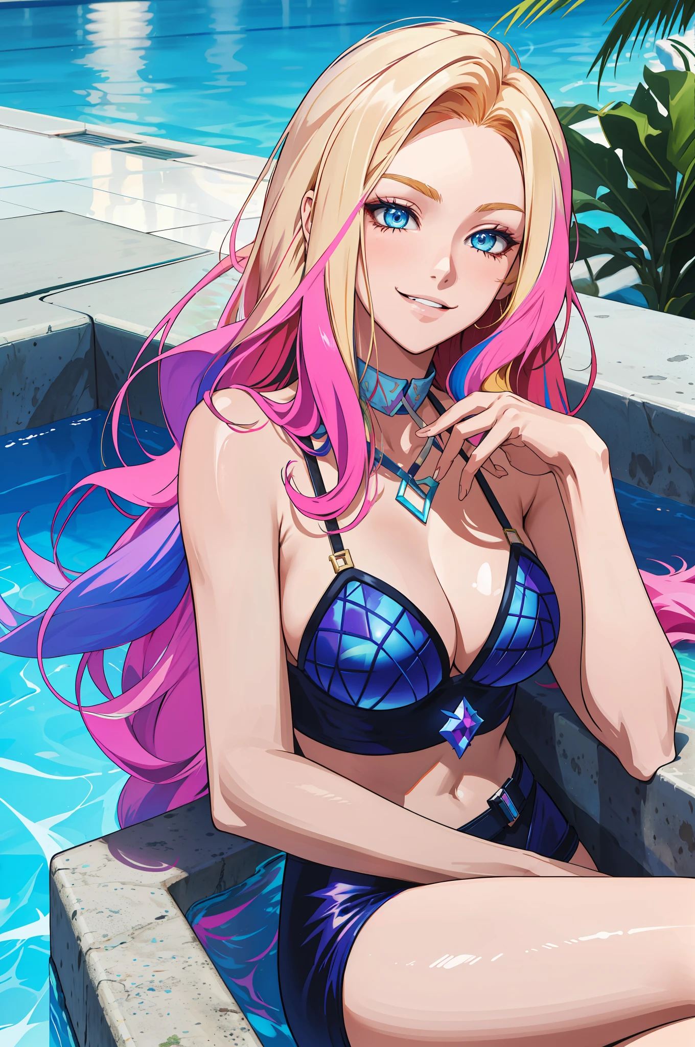 masterpiece, best quality, highres, ahri1, 1girl, solo, blonde hair, k/da \(league of legends\), long hair, multicolored hair, open hair, blue eyes, two-tone hair, large breasts, poolside, micro bikini, smile, sitting,