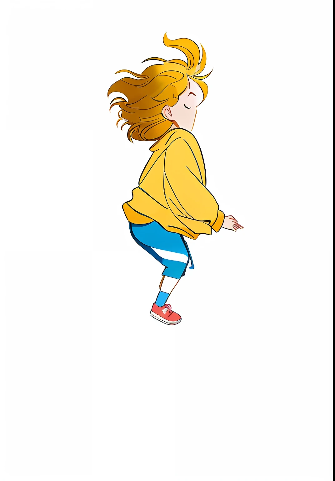 Cartoon of a long-haired girl in a yellow shirt and blue pants, anime girl running, girl in mother's arms, blonde hair blowing wind, snuggling pose, wind floating hair!!, wind blowing and hair flowing, dancing character, rotating mirror, gentle clinging, wearing blue and yellow clothes, color illustration, wind blowing hair
