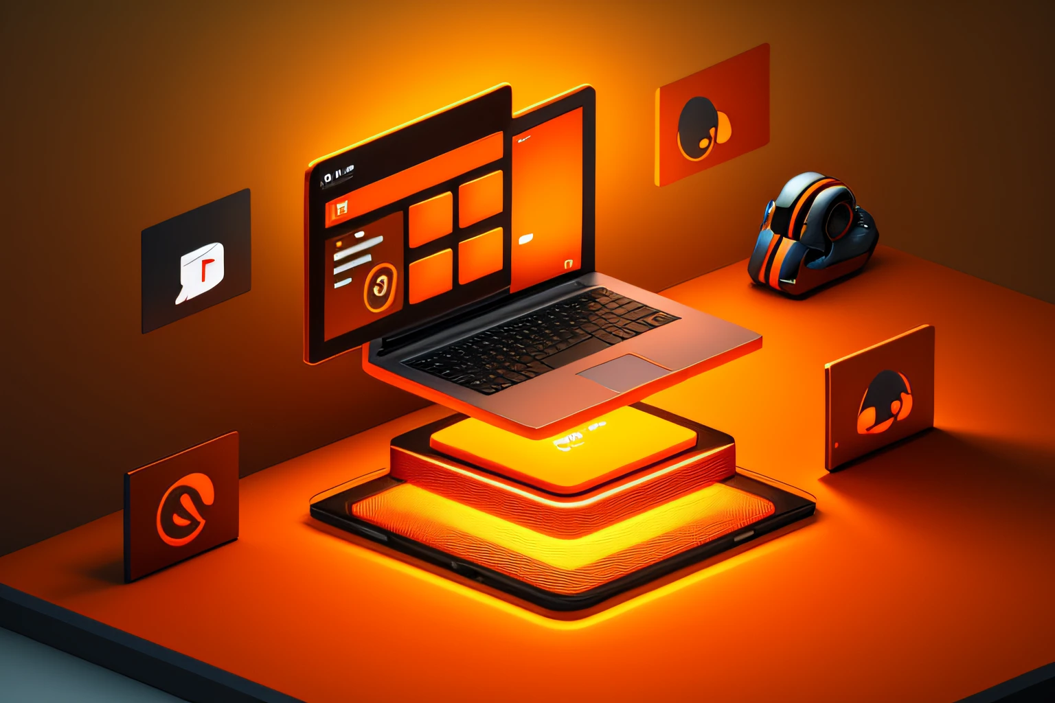 There is a laptop with mouse and mouse pad playing video, computer rendering, Axure Sky, cloud server, orange theme, isometric design, depicted as 3d rendering, orange theme, control your data, orange theme, isometric style, reduce repetitive distractions, clean and simple design, orange shift rendering, easy to go