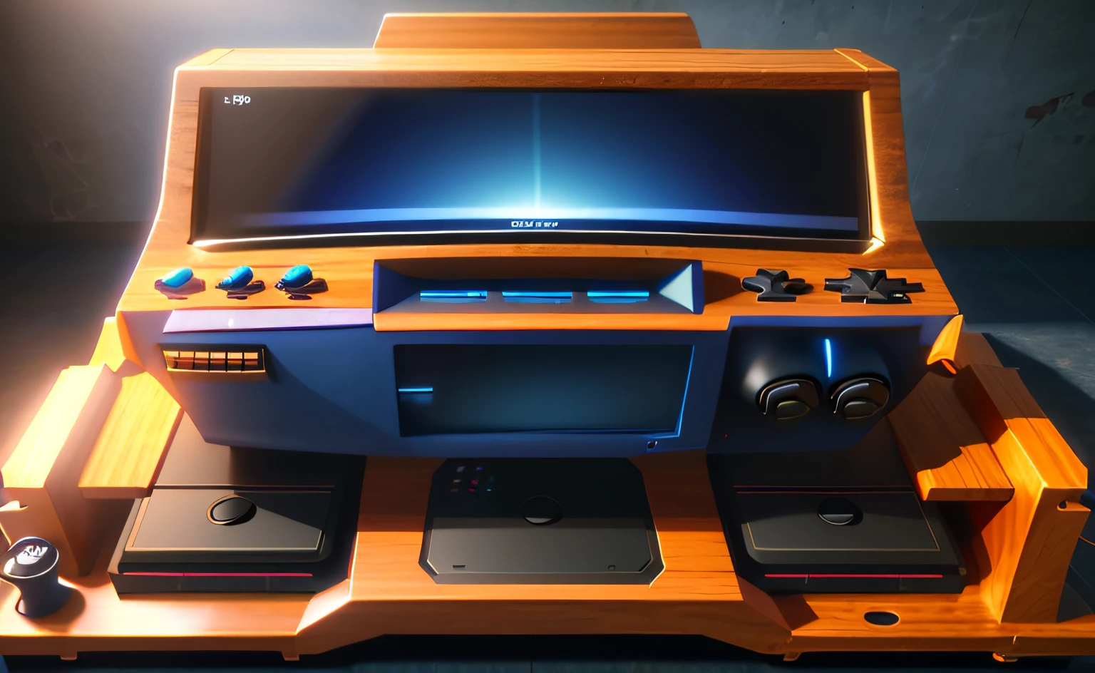 A console similar to a game console, technological, dark blue combined with dark purple, a whole LCD screen above the console, a whole piece of slightly hollowed out and sunken flat surface, (three large buttons: 1.2) and (a joystick: 1.2) below, realism, game CG, front view, soft light, 3D CG, C4D, octane, behance, extremely high quality images, 8k,