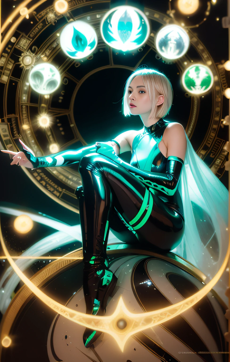 1 girl, beautiful face:1.5, white and black trackwear, patent leather leggings, translucent tulle cape, design sense, draped hair, blonde modern short bob hairstyle, full body, beautiful body structure cover, ultra-detailed painting, metallic texture, fine texture, concept art portrait of Greg Rutkowski, Artgerm, WLOP, Alphonse Mucha, small fusion pohaty reality, fractal isometric details bioluminescence: stunning realistic photos, shiny costumes, Complete and proportioned hand pose: 1.2, correct fingers: 1.2, ((ultra-detailed))), ((best quality))), ((masterpiece))), high resolution, 8k, anatomically correct, ultra high-definition --s 2