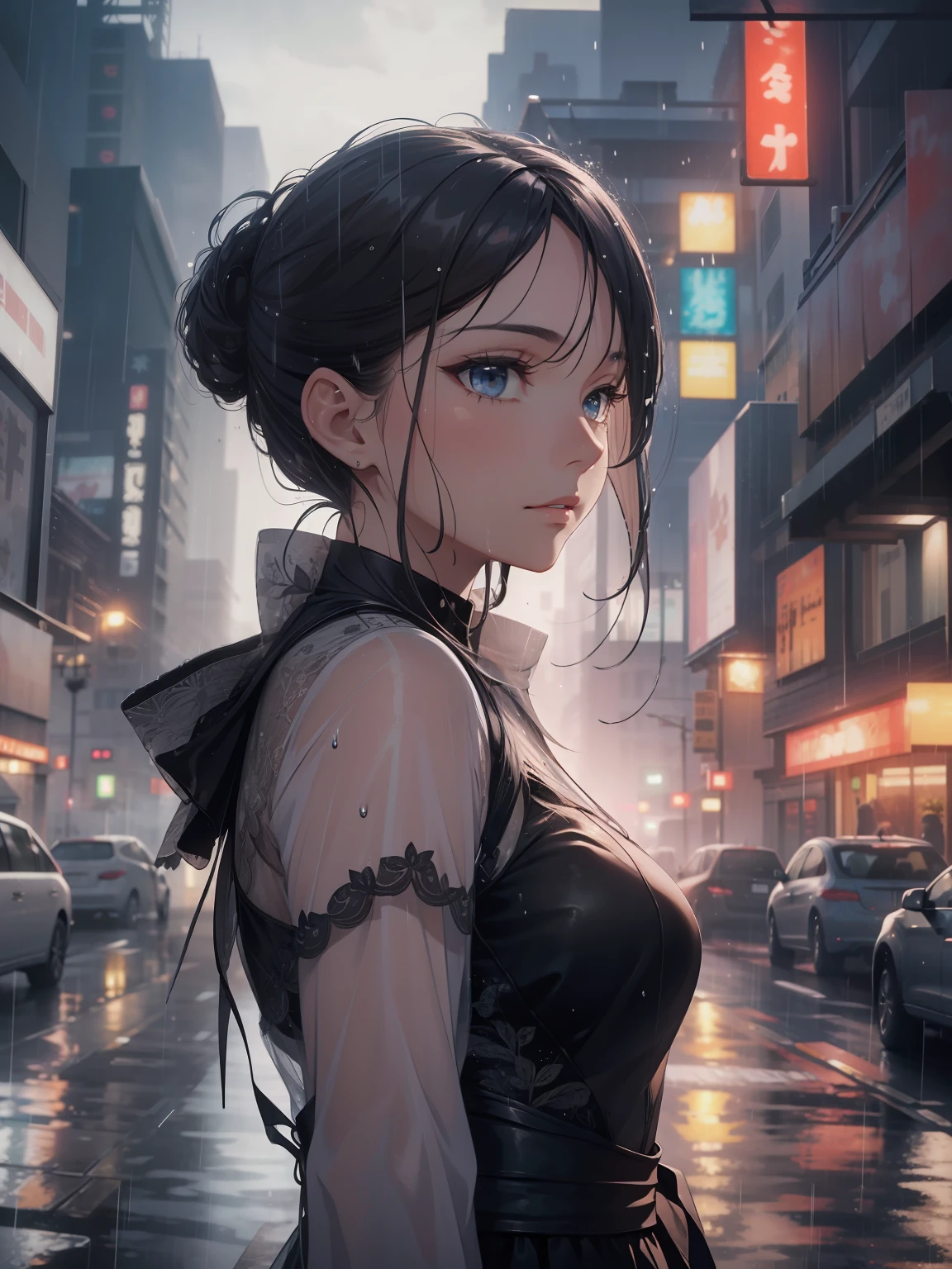 add rain effect, wet hair, highly detailed rain droplets