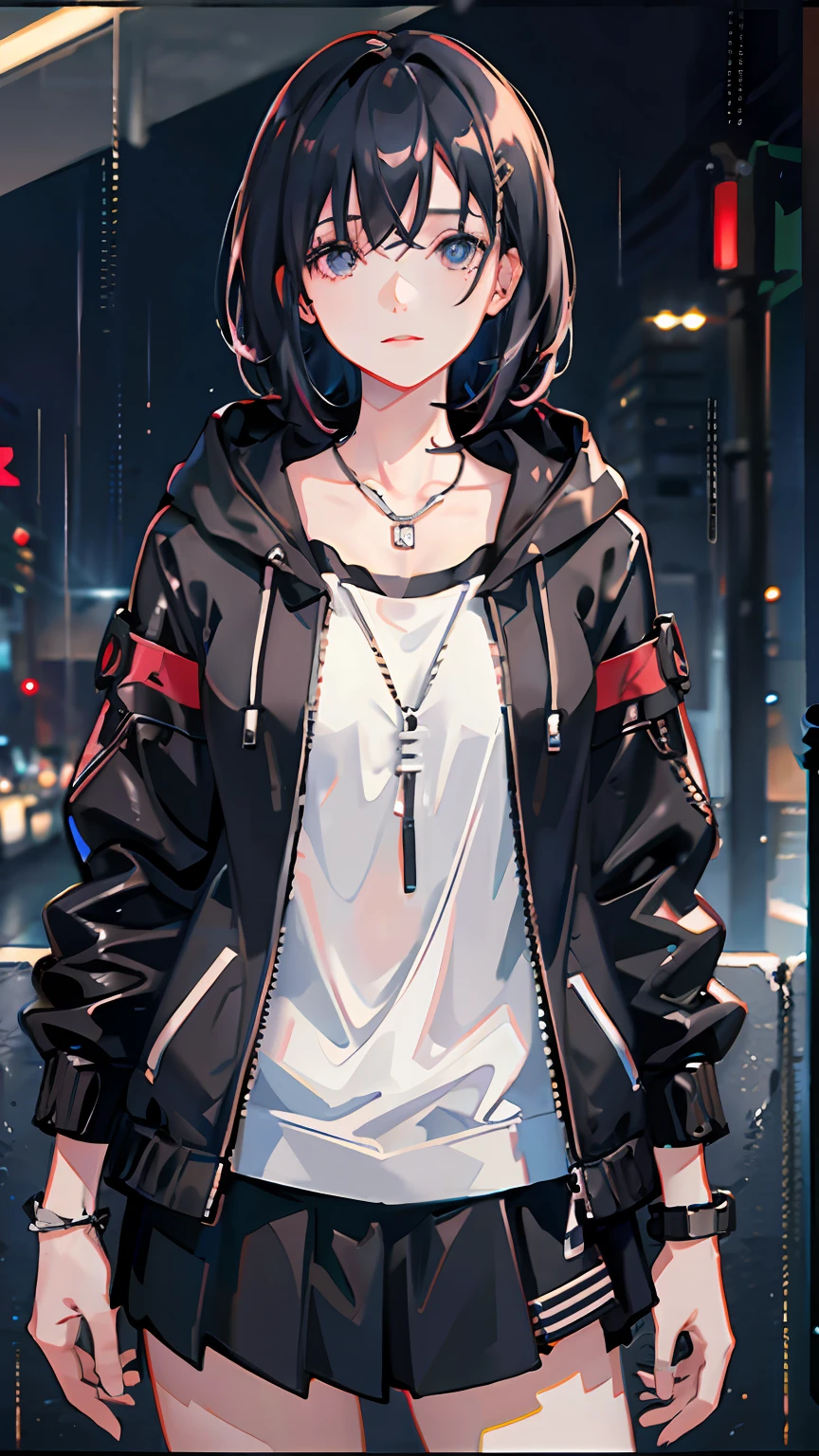 Anime girl in a black jacket standing in the rain - SeaArt AI