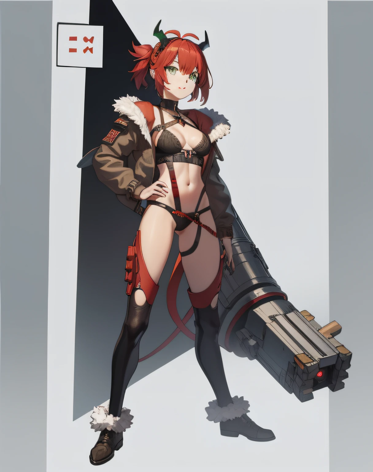 Red-haired girl, green eyes, pigtails, a wreath of horns on her head, a barbarian, a huge techno cannon in her hands, a huntress, bones on her body, insect plates, chitin, fur, small bones, light bones and red fur on her shoulders, dark leather stockings made of strips of chopped leather on her legs, ropes and light bones on her body, thin panties, a small bra made of bones, bright red hair, Decorations made of horns, fur - a cannon. Instead of panties, a rope, bones and chitin, fur shoulder pads and with chitin, a tail of hair on the back of the head looks up, a short haircut, a bionic cannon in the form of the mouth of a wolf, shark, dragon. The girl has green eyes, a playful look, a good-natured smile, a neat nose, tight panties, tight thongs, mini underwear, leaky underwear, torn fabrics, a lot of torn fabrics, a lot of holes in fabrics, a cannon with a monster's head, a cannon barrel in the form of a monster, a flame bursts out of its mouth, a portal in the cannon. The girl has short hair, a ponytail at the back is short and looks up, fur shoulder pads, a jacket on the shoulders, a torn bra, the pubis is open, diagonal straps all over the body, powerful energy escapes from the open toothy mouth of the cannon, on the girl's stomach there is a bird's skull, tattoos, vertebrae on the edges of stockings, cyberpunk, ethnic style of clothing, ancient clothes, worn, prehistoric style, prehistoric jacket, elbow pads made of insects, chitin cannon, bionic cannon, torn jacket sleeves, chitin plates on the jacket