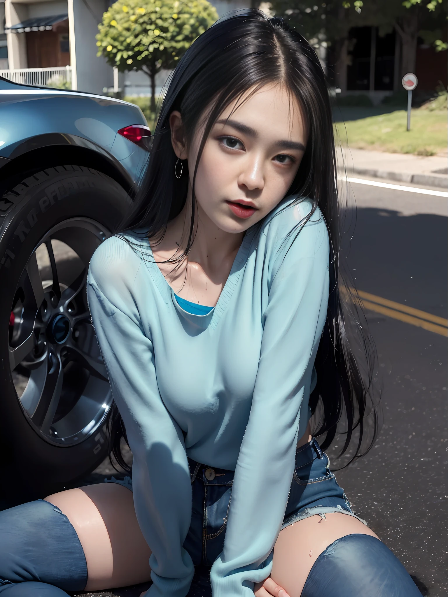 (masterpiece:1.4),(best quality:1.4),ultra high res,((detailed facial features)),HDR,8k resolution,1girl,blue sky,waby mouth / :3,(shiny),Sadako,street,shirt,earring,short jeans,large breasts, wet skin,shiny skin,
,socks over thighhighs,looking at viewer,skin tight,solo focus,naughty face,