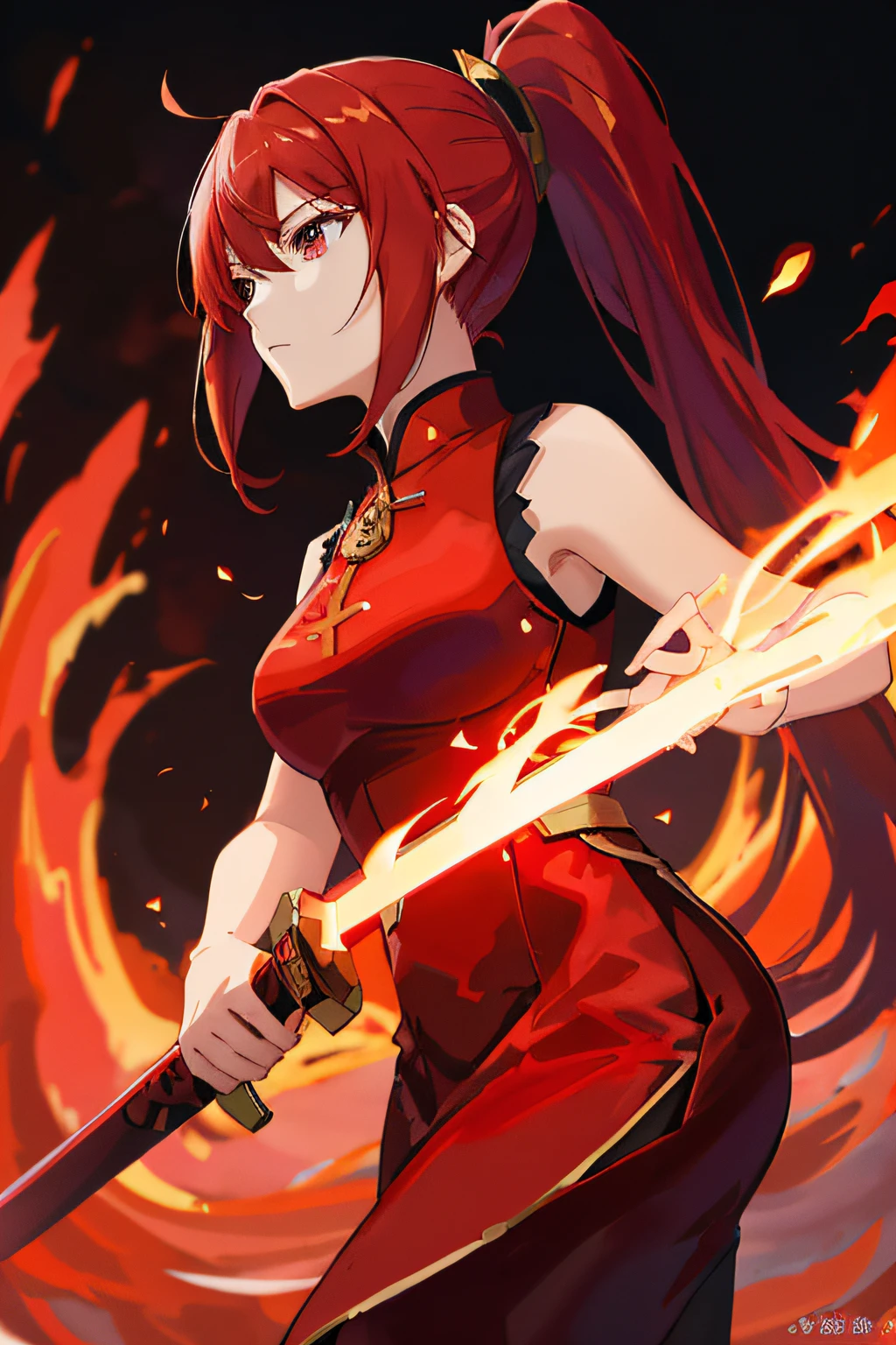 anime girl with red hair holding a sword and fire, badass anime 8 k, ayaka genshin impact, demon slayer rui fanart, she has fire powers, inspired by Li Shida, anime style like fate/stay night, anime style 4 k, keqing from genshin impact, 4 k manga wallpaper, fire goddess, fire embers, holding a flaming sword