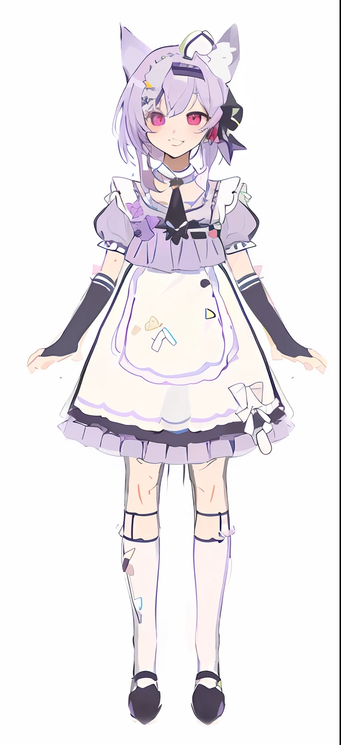 Anime characters in maid outfits with cat ears, maid outfits, dresses, anime girls in maid costumes, anime cat girls in maid costumes, clear costume design,!! Full body portrait!!, maid dress, lilac hair, red eyes, three views, purple flower brooch, light purple blouse, black sleeves