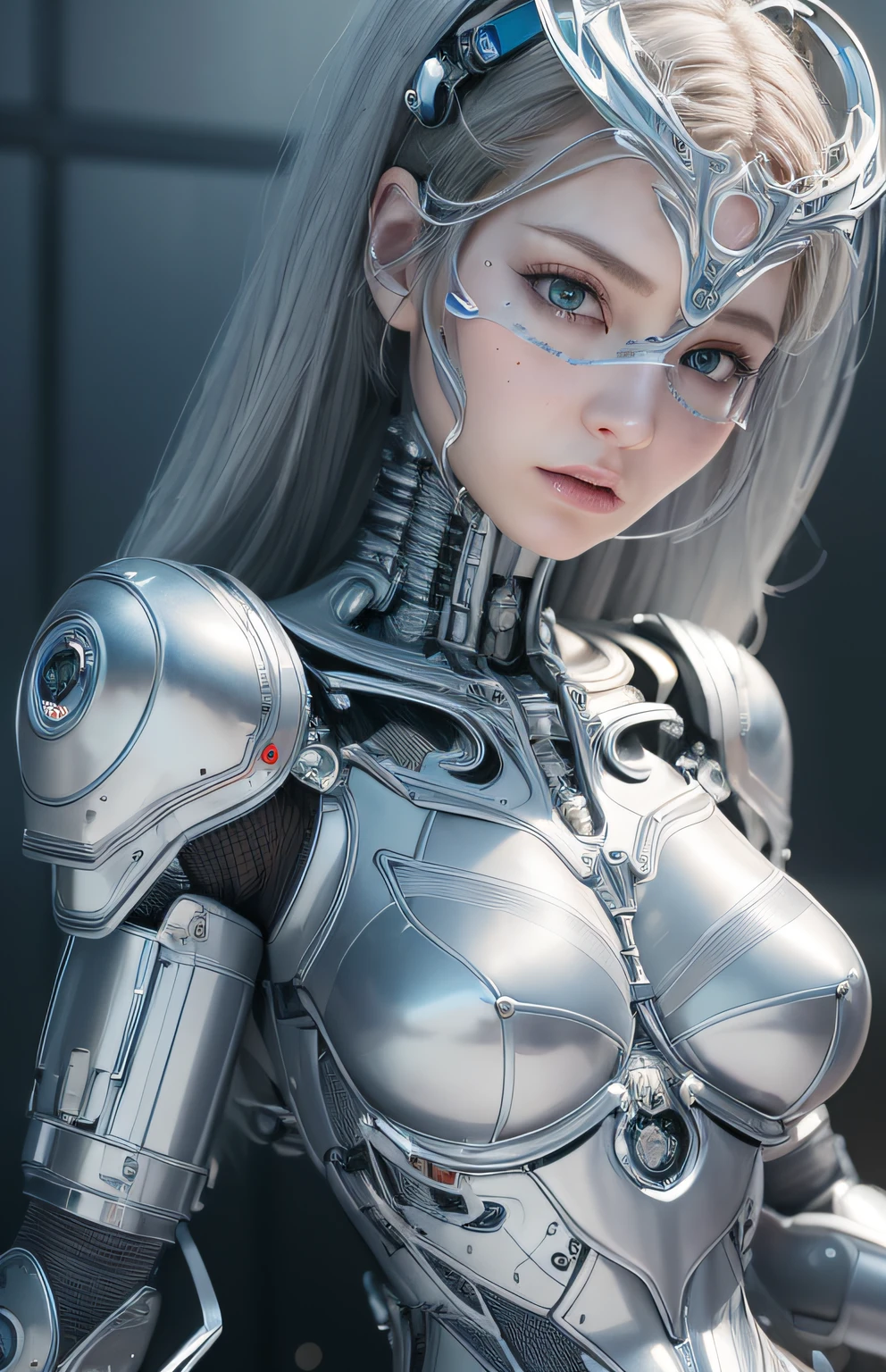 complex 3d render ultra detailed of a beautiful porcelain profile woman android face, cyborg, robotic parts, 150 mm, beautiful studio soft light, rim light, vibrant details, luxurious cyberpunk, lace, hyperrealistic, anatomical, facial muscles, cable electric wires, microchip, elegant, beautiful background, octane render, H. R. Giger style, 8k, best quality, masterpiece, illustration, an extremely delicate and beautiful, extremely detailed ,CG ,unity ,wallpaper, (realistic, photo-realistic:1.37),Amazing, finely detail, masterpiece,best quality,official art, extremely detailed CG unity 8k wallpaper, absurdres, incredibly absurdres, robot, silver halmet, full body, sitting