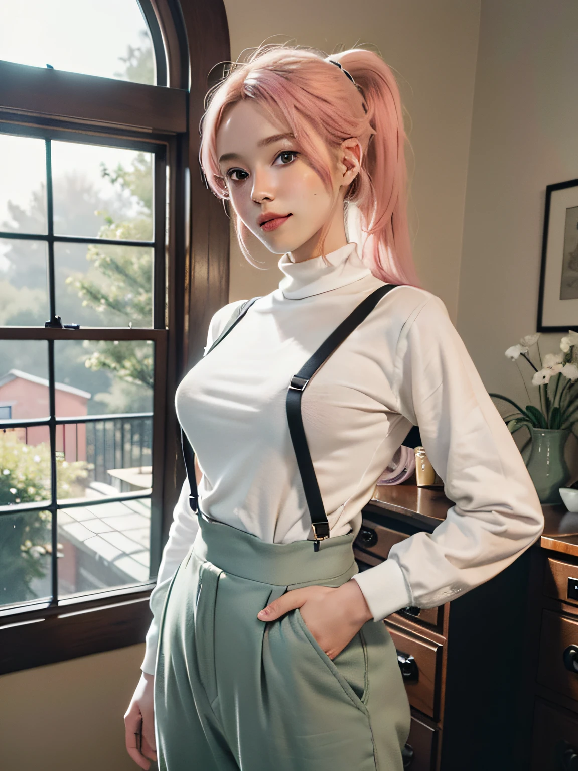 Masterpiece, Realism, ((4K, Masterpiece, Best Quality)), Masterpiece, Photo, Best Quality, Realistic, Ultra High Resolution, (Realism: 1.4), 1girl, Pure Beauty, Natural Light, (((Double Ponytail: 1.2))), Pink Hair, Green Suspenders, Sweater, Smile, Gray Sweatpants, Suspenders, (((White Stockings))), Woods, (Studio Photography Effect), Canon Camera Shot, Delicate Face, Beautiful Girl, ((random standing)),