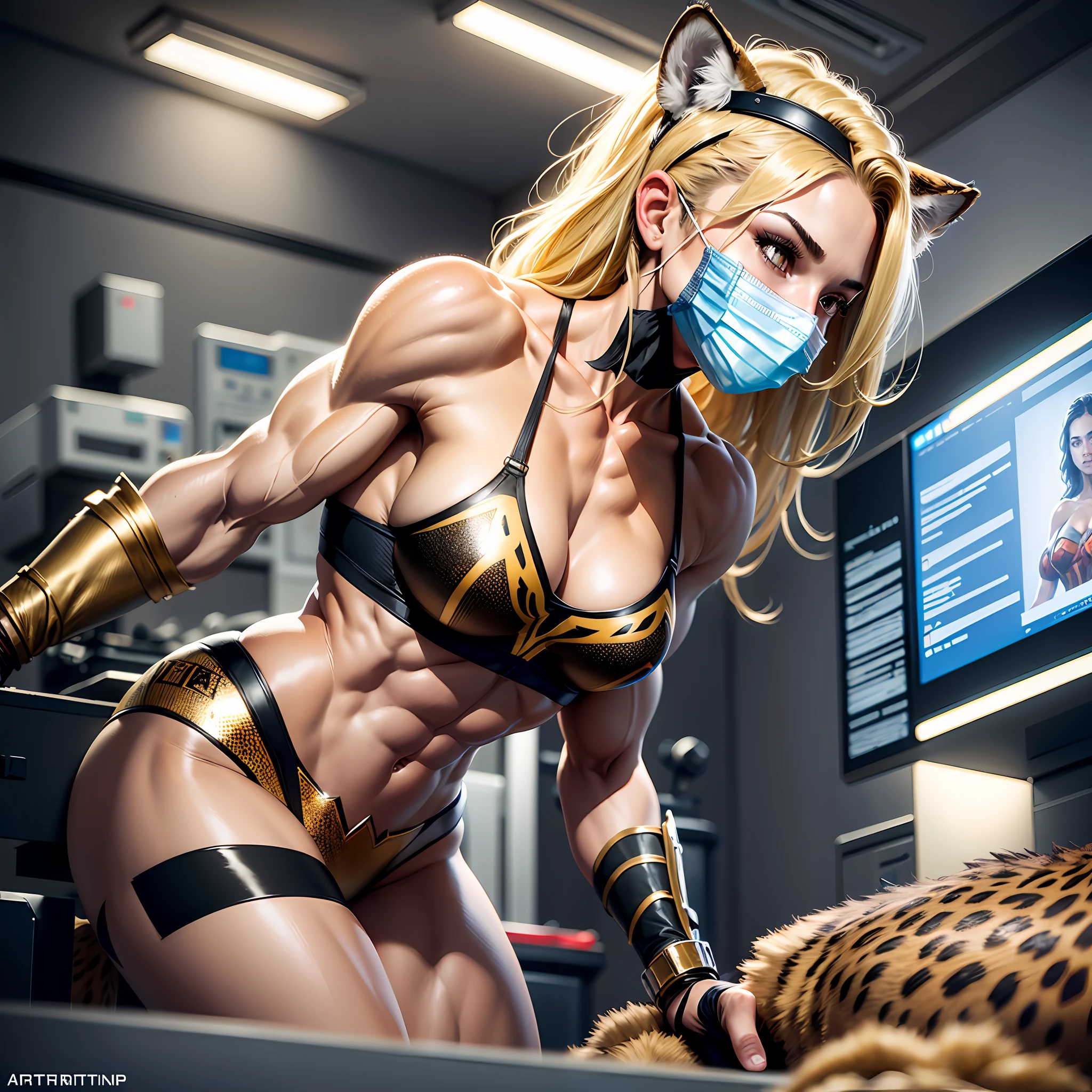 RAW images, 2girl, epic scenes, full body, award winning werewolf female cheetah photo, fit physique, fit attractive physique, fitness body, body in cheetah suit, female hair, blonde hair, cheetah-ear headband, holding a surgical knife in one hand, mouth covered with a surgical mask, looking down on Wonder Woman on muscular big chest lying on a surgical table, hospital operating room background, hyper detail, (artstation:1.5),  cinematic, warm lighting,