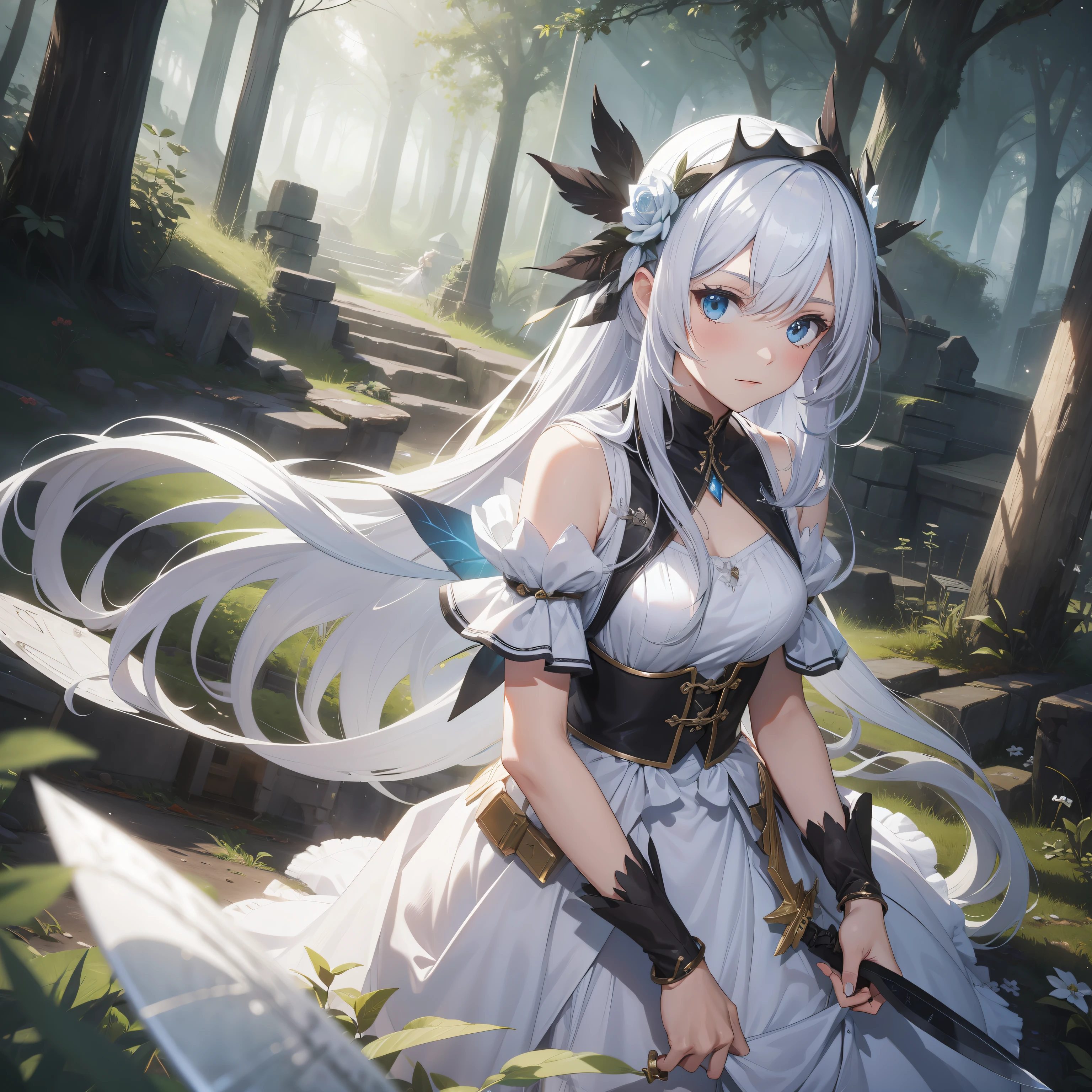 Ten ambushes, one person, ancient fairy, white clothes, holding a black knife, ruins, long hair, 8k quality
