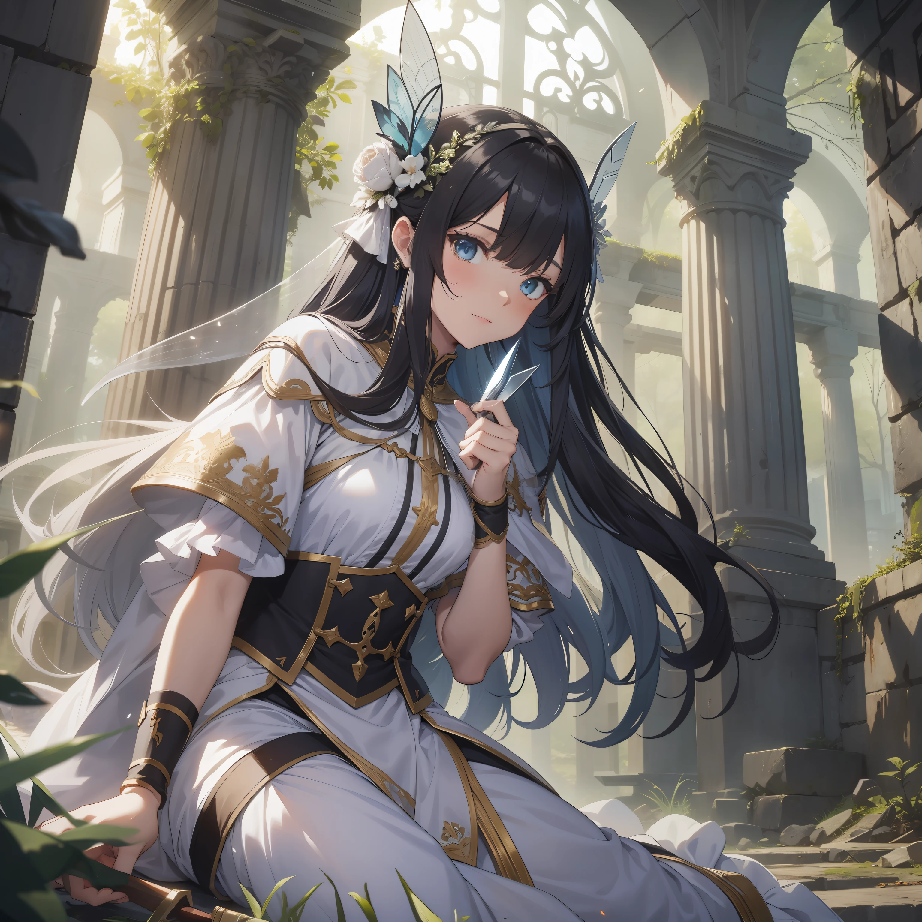 Ten ambushes, one person, ancient fairy, white clothes, holding a black knife, ruins, long hair, 8k quality