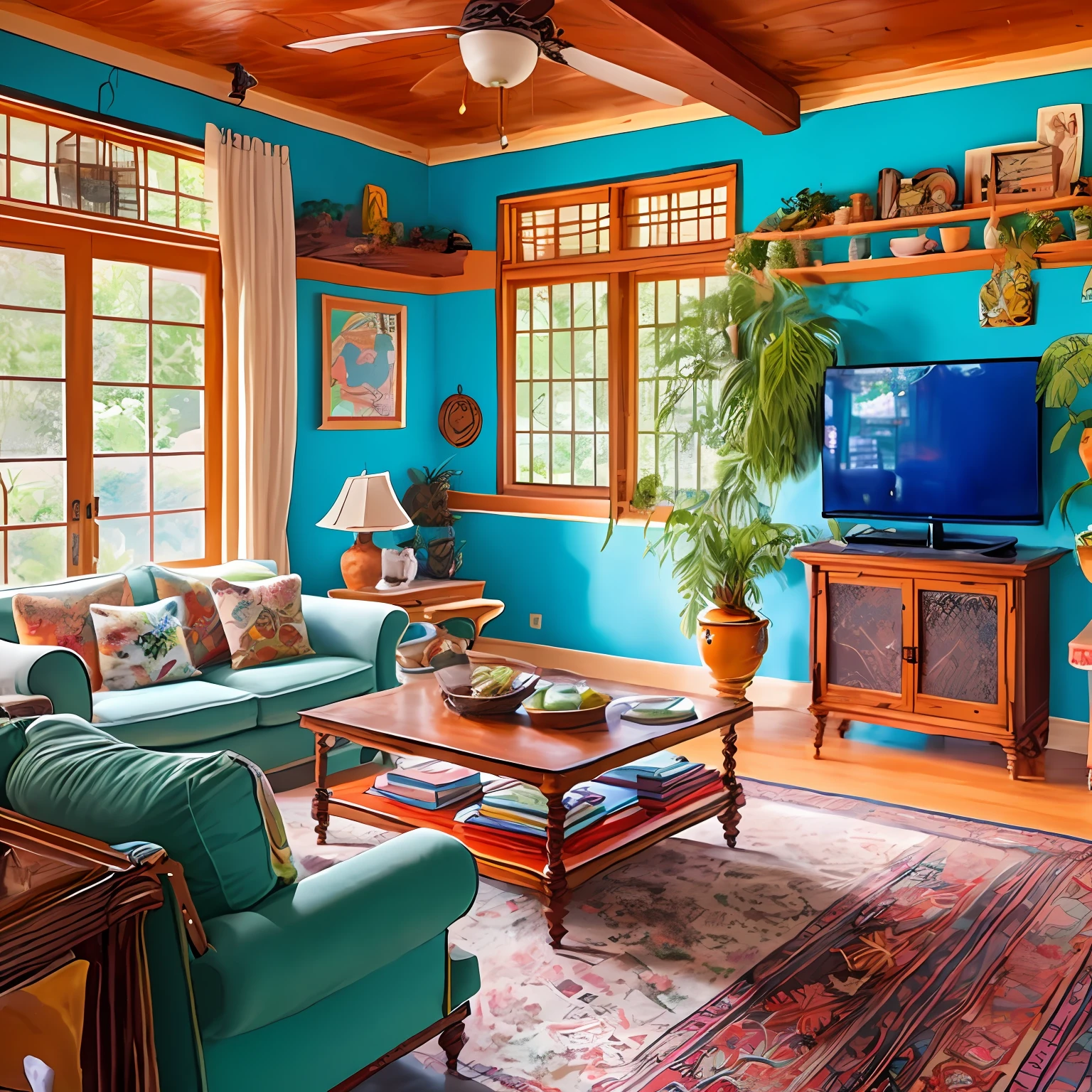 Brightly colored living room, blue walls and white ceiling, turquoise color scheme, bold colored walls, cottage core hippie, rich and vivid color scheme, ochre and turquoise color, tropical color scheme, bold color scheme, red and teal color scheme, very cohesive and vibrant, bright blue room, saturated color scheme, green and blue color scheme