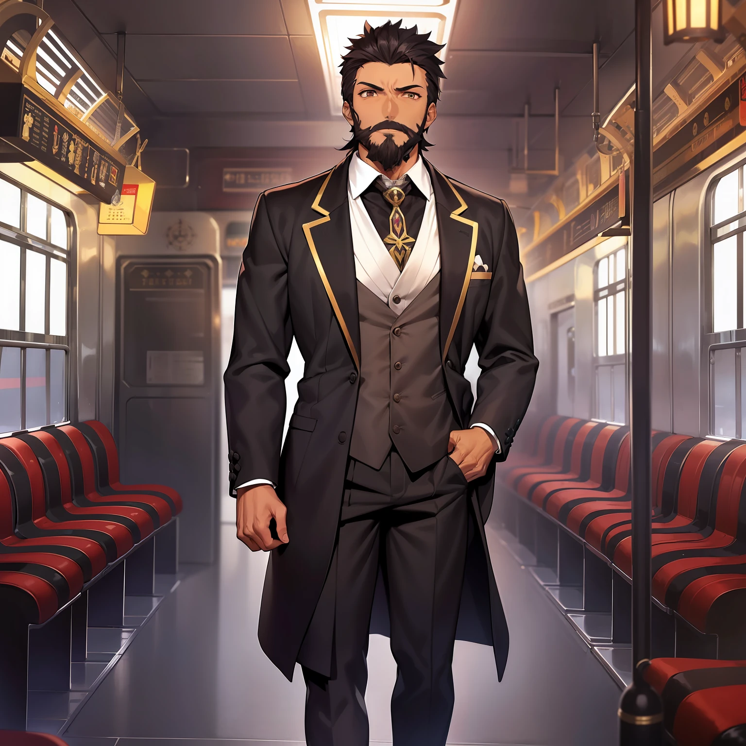 1boy, older, ((fate grand order)), beard, goatee, brown eyes, train, full body portrait, conductor, (((dark skin)))